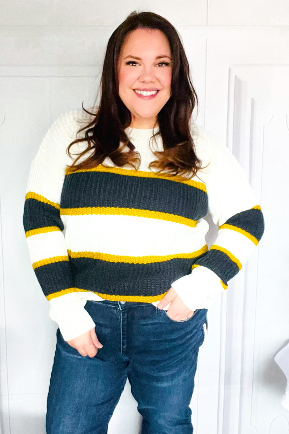 PLUS Casual Chic Yellow & Ivory Stripe Oversized Knit Sweater for Women | Cozy Winter Pullover | Perfect for Office, Date Night & Weekend Outfits