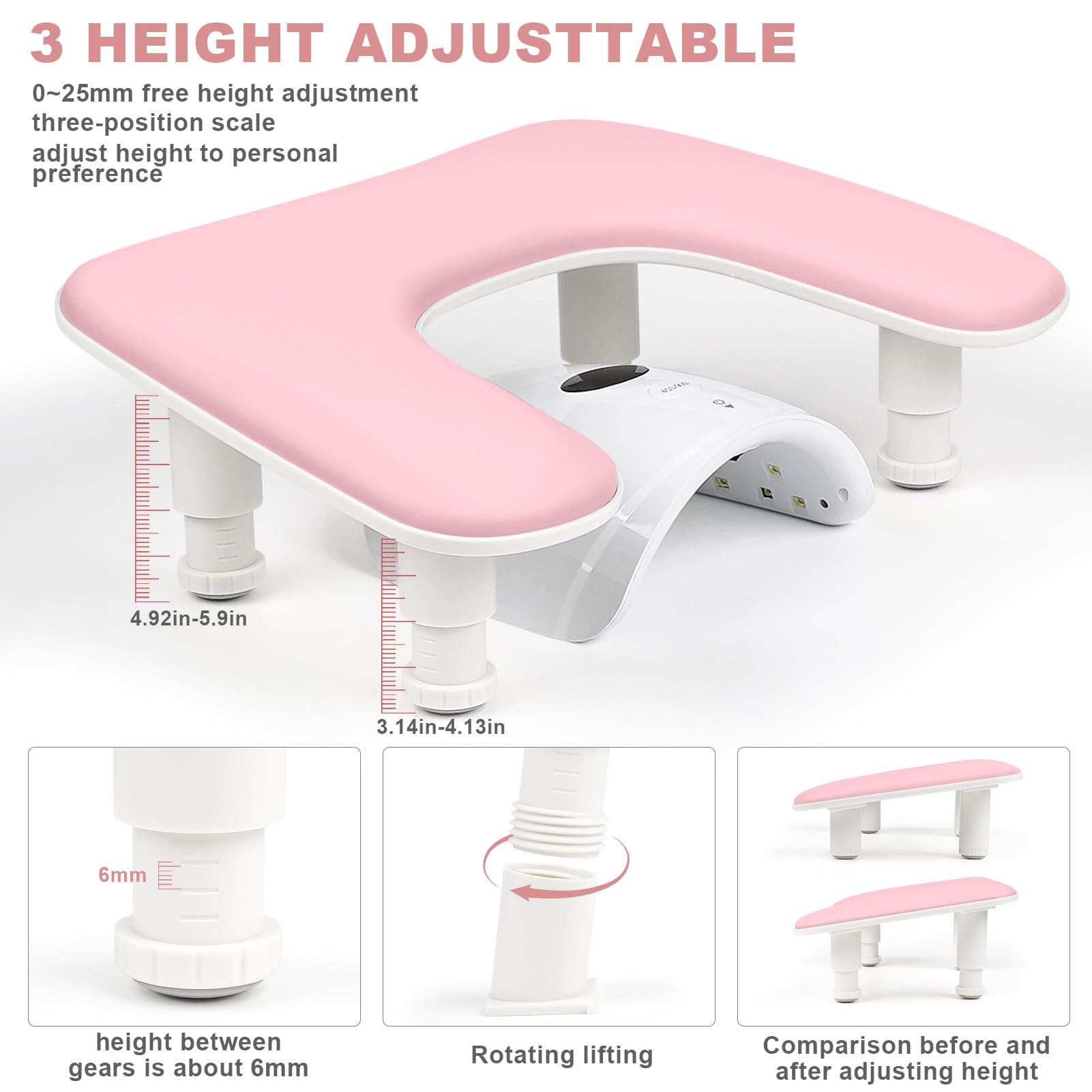 Adjustable U-Shaped Nail Tech Arm Rest - Microfiber PU Leather Manicure Hand Support for Salon Professionals (White/Pink) | Ergonomic Nail Art & Gel Polish Workspace Solution