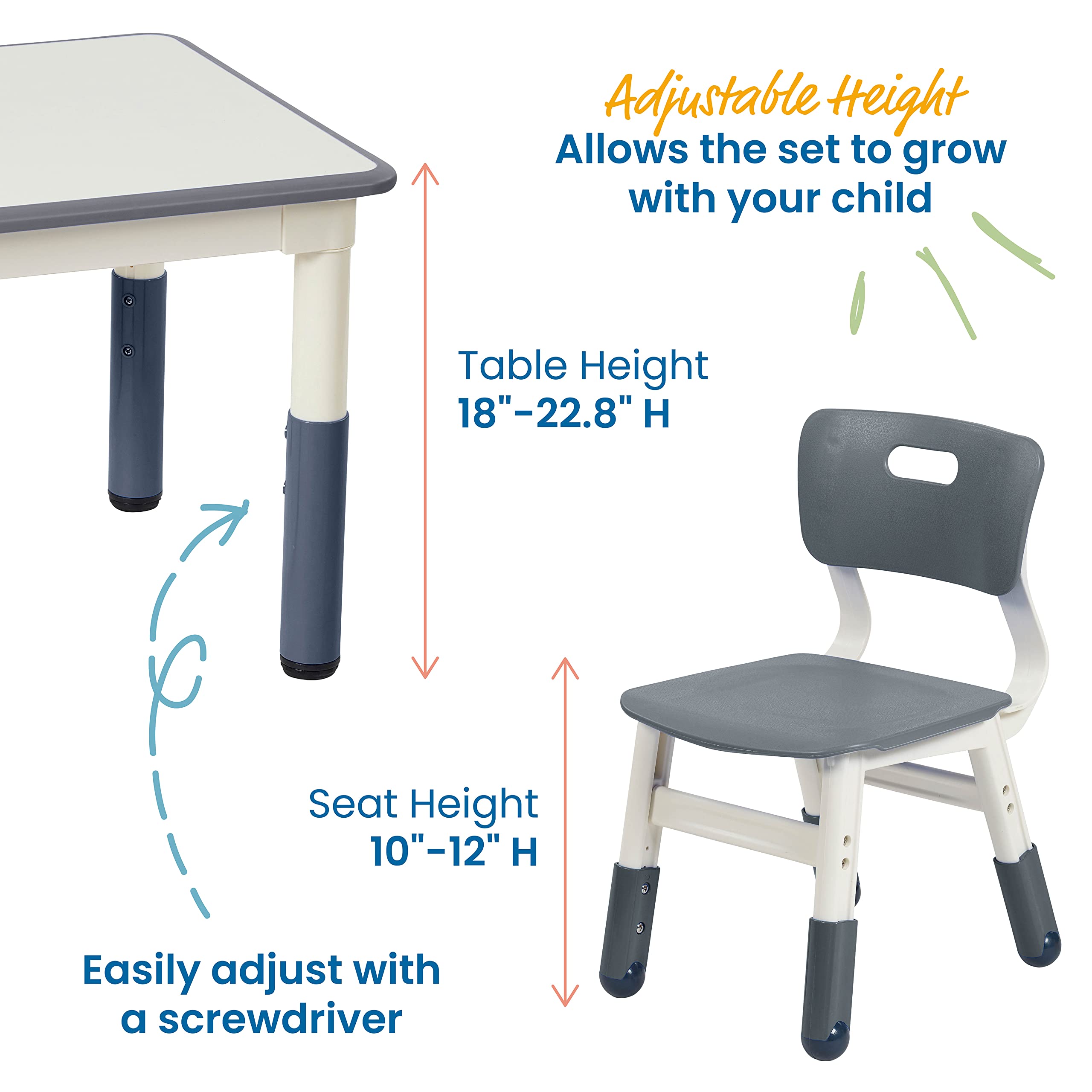 ECR4Kids Adjustable Dry-Erase Activity Table with 2 Chairs - Kids Study & Play Furniture Set for Classroom & Home Learning - Grey