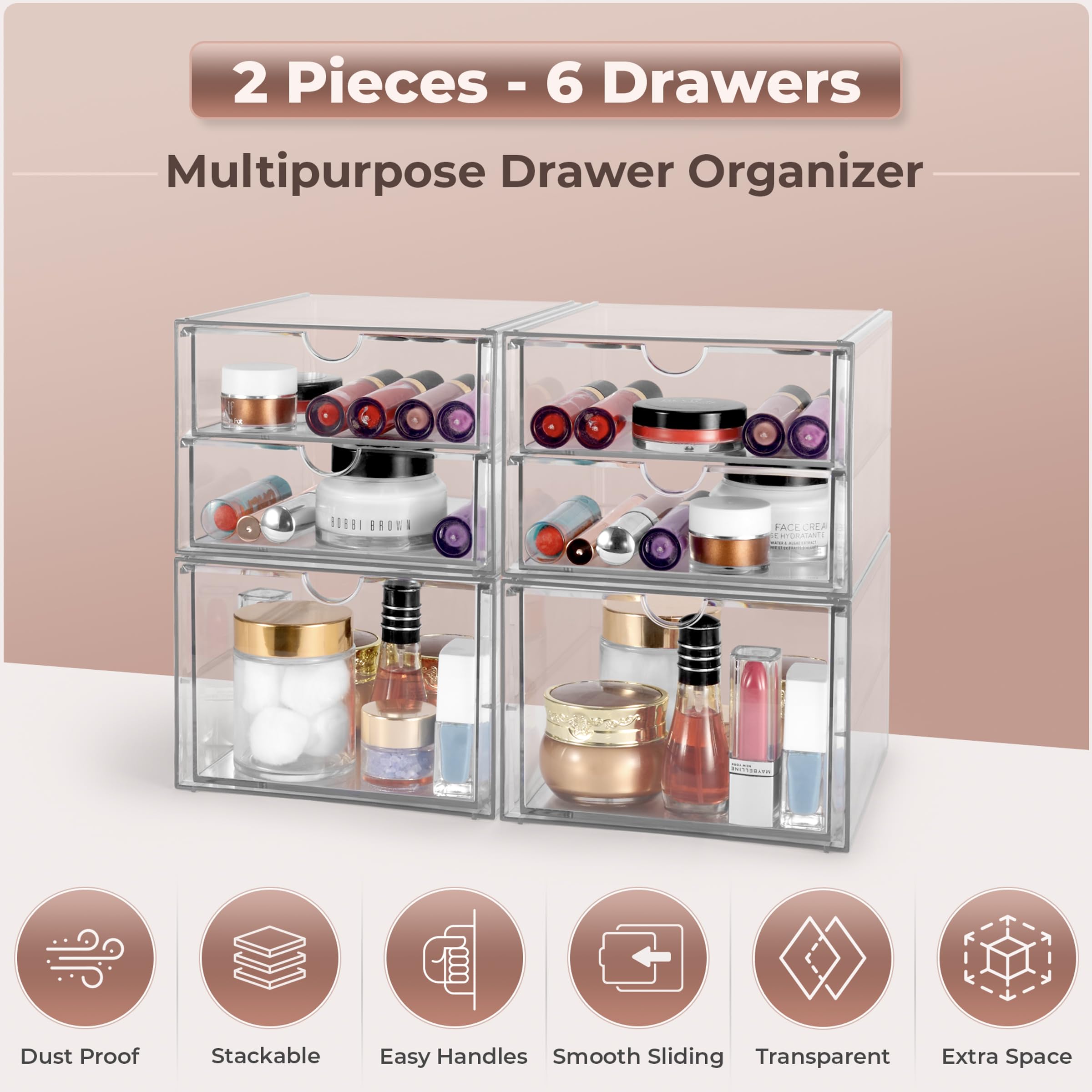 Sorbus 6-Drawer Acrylic Makeup Organizer - Stackable Storage Bins for Cosmetics, Office Supplies, Jewelry & Art Materials - Clear Plastic Drawers for Vanity, Desk & Bathroom Organization (4-Piece Set)