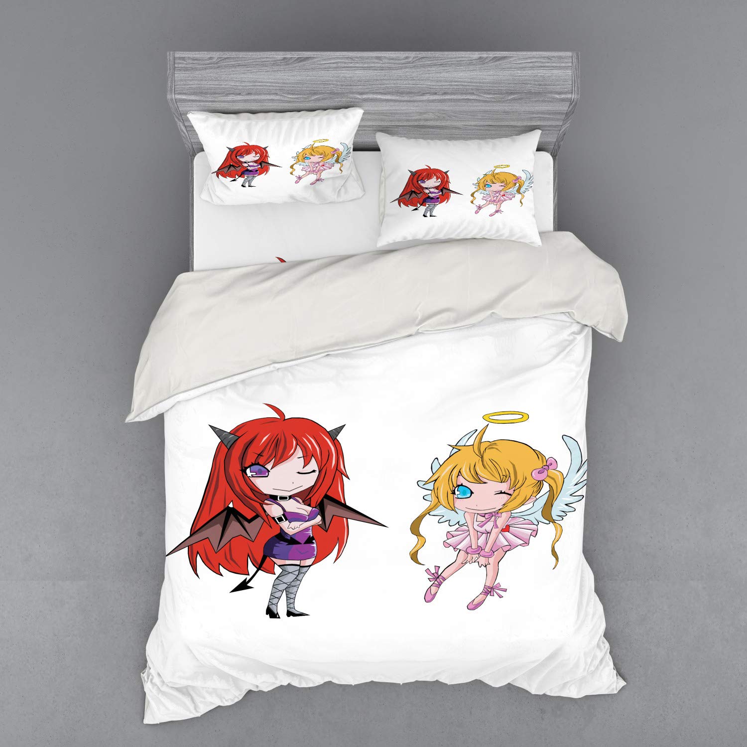 Ambesonne Anime Bedding Set - Angel Wings & Demon Horns Japanese Manga Duvet Cover | 4-Piece California King Set with Shams & Fitted Sheet | White Comic Art Print | Perfect for Anime Fans, Cosplay Enthusiasts & Manga Lovers' Bedrooms