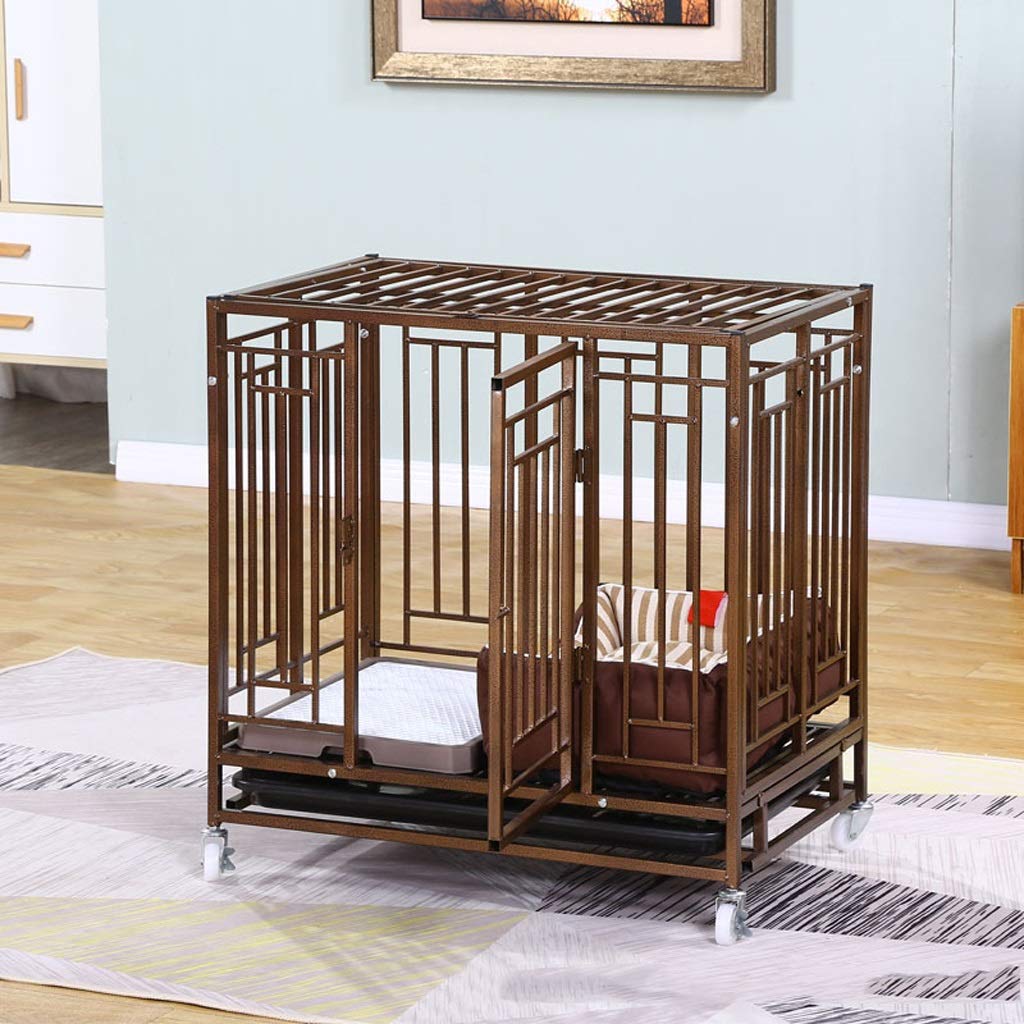 Heavy Duty Dog Crate - Bronze Indoor Pet Cage with Removable Tray & Locking Wheels - Small Metal Kennel for Home, Travel & Training