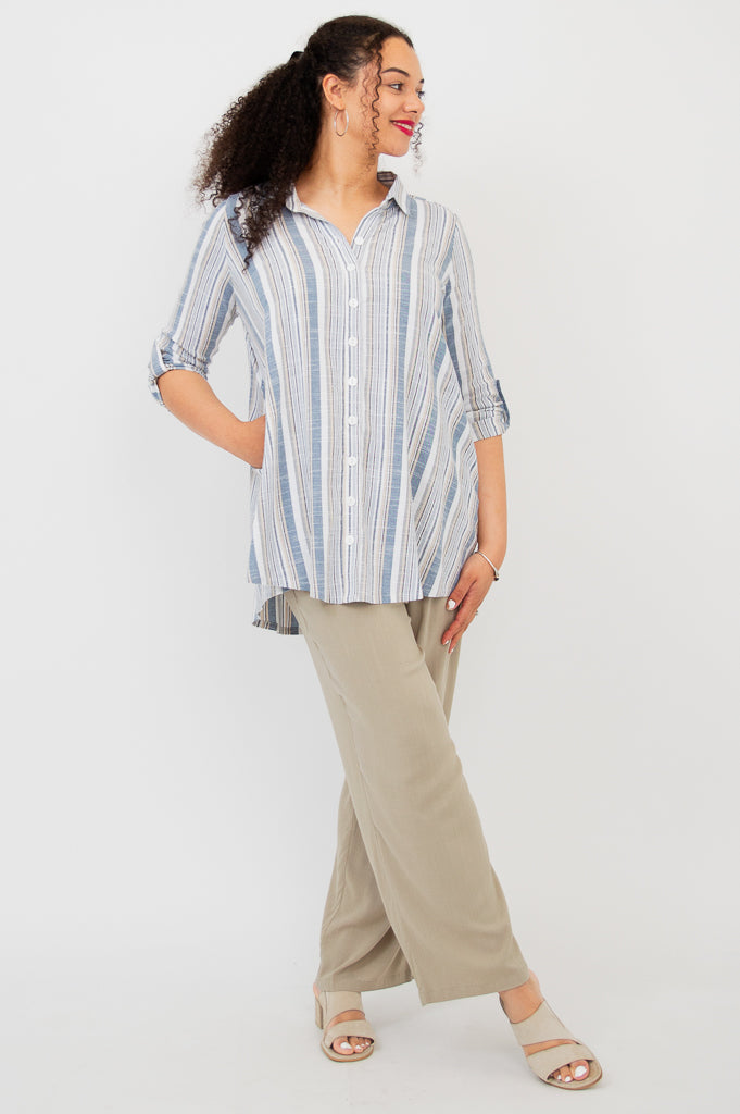 Celine Women's Blouse - Sand Stripe Linen Bamboo Shirt for Casual Wear & Summer Outfits