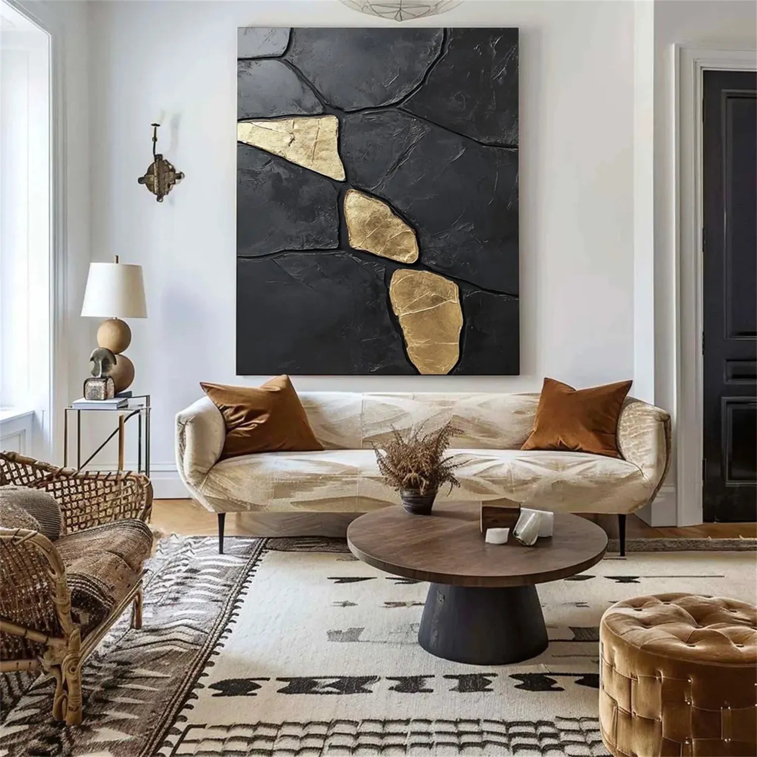 Black Gold Minimalist Textured Painting Canvas Wall Art - Modern Abstract Home Decor for Living Room, Bedroom & Office | Premium Quality #MZ122