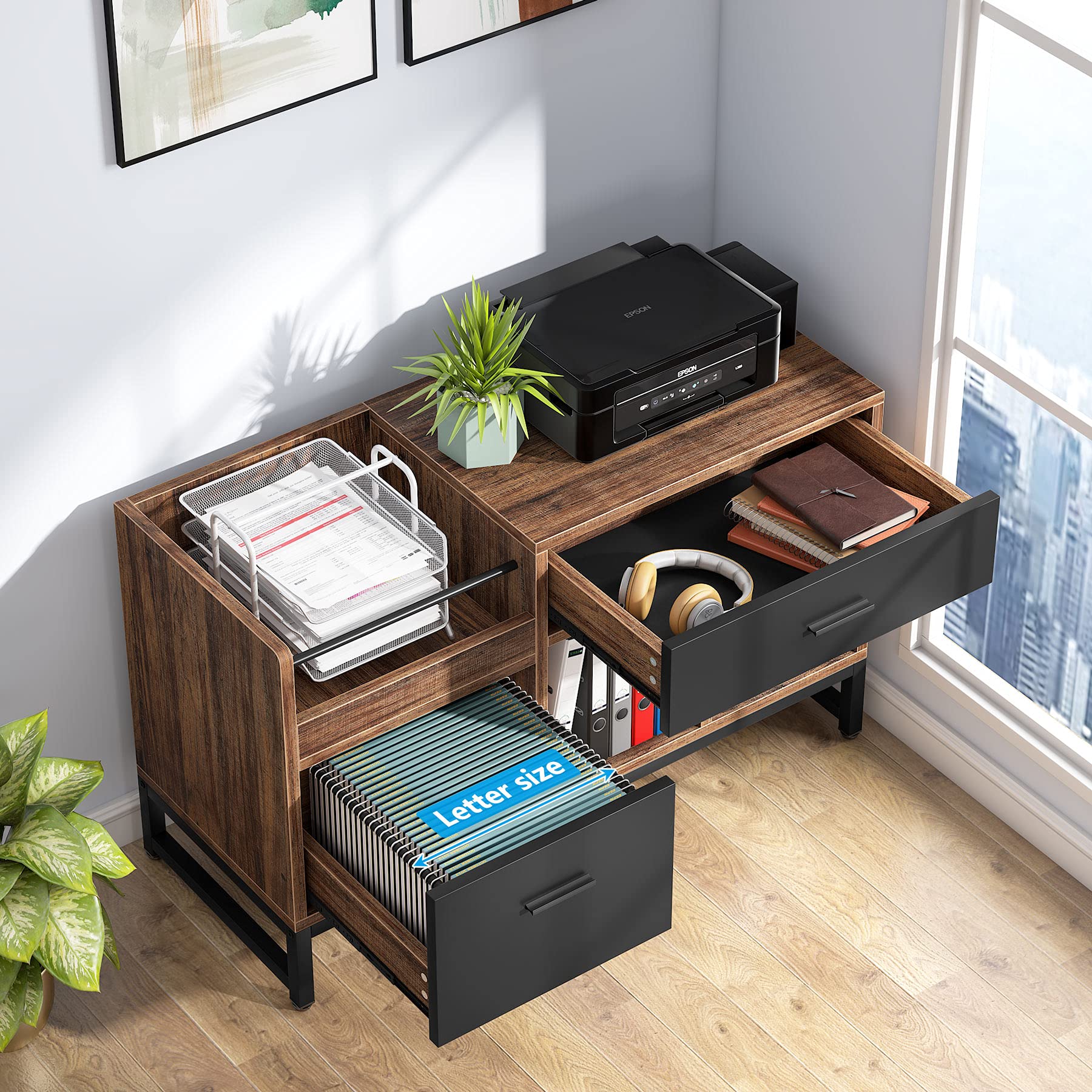 2-Drawer 39-Inch Lateral File Cabinet with Open Shelves - Compact Wooden Under Desk Storage Solution for Home Office Organization | Perfect for Printer Stand, Document Filing & Workspace Organization