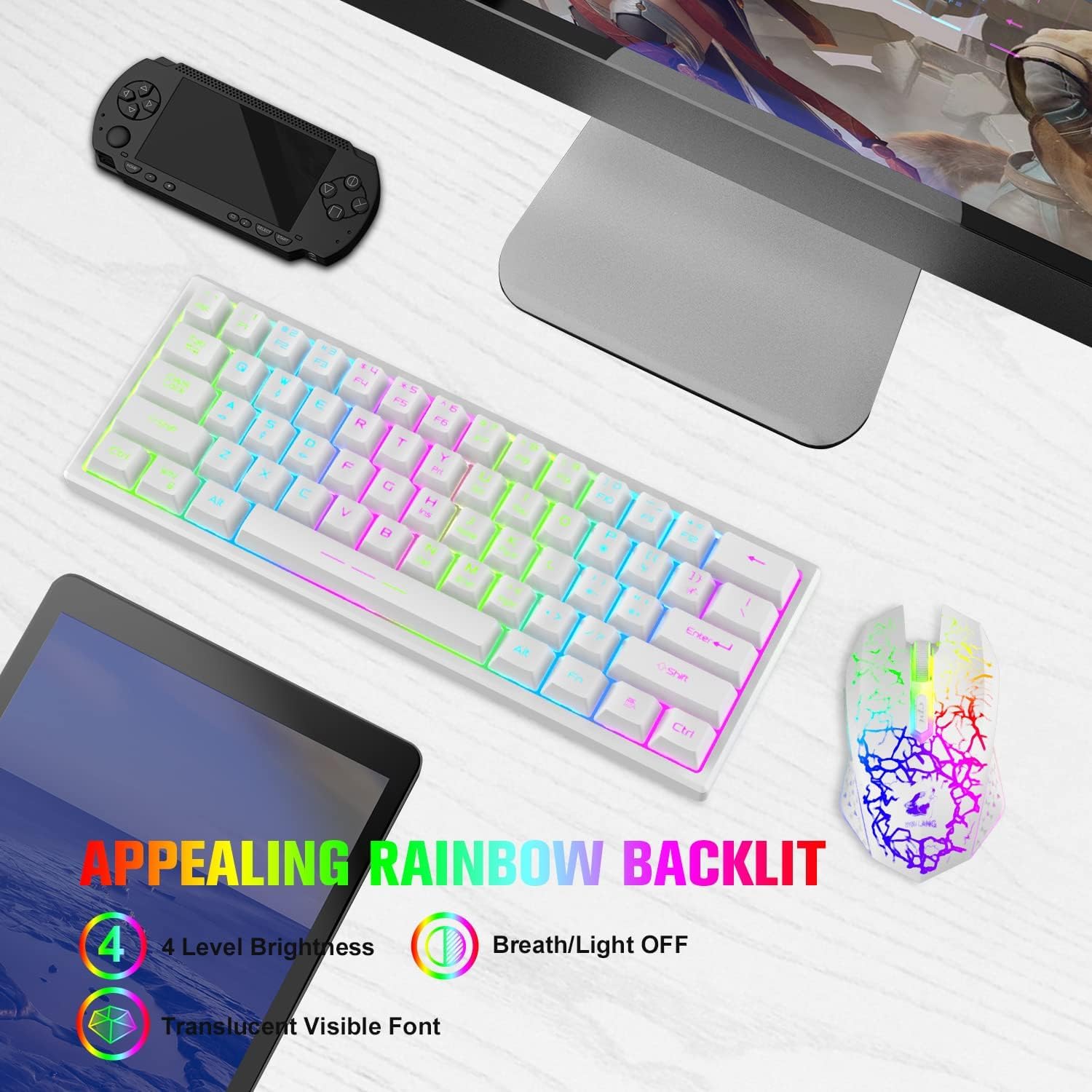 60% Compact Wireless Gaming Keyboard and Mouse Set with RGB Rainbow Backlight, 3800mAh Type-C Rechargeable, Mechanical Feel, Green Mouse Pad - Perfect for PC, Laptop, PS4 Gaming (White)