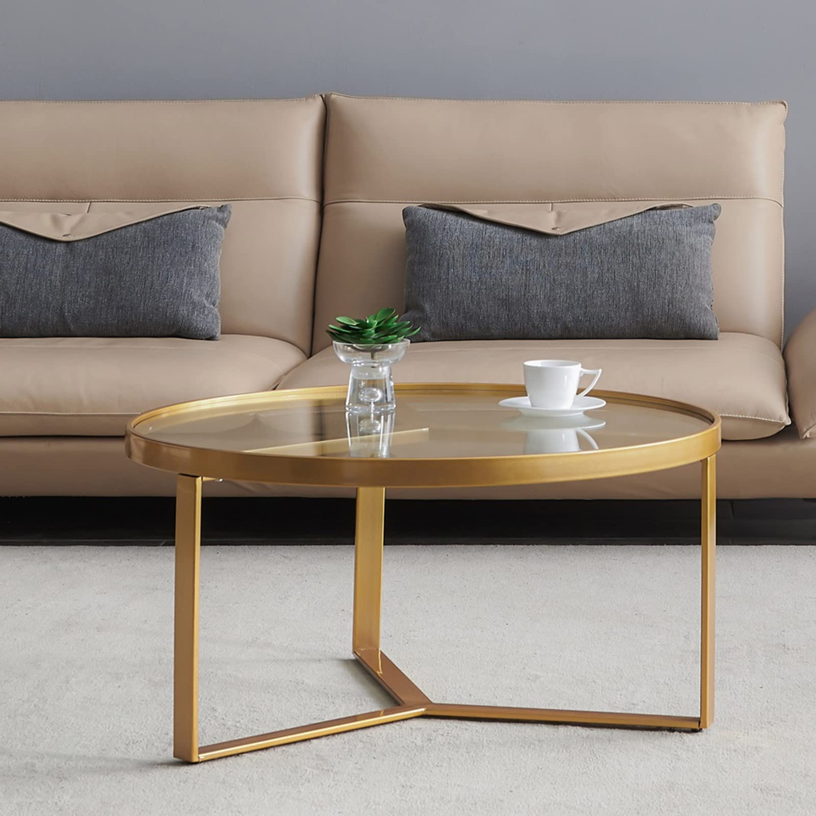 Modern Round Glass Coffee Table with Gold Metal Frame - Small Accent Table for Living Room, Balcony, Office - Perfect for Coffee, Books & Decor