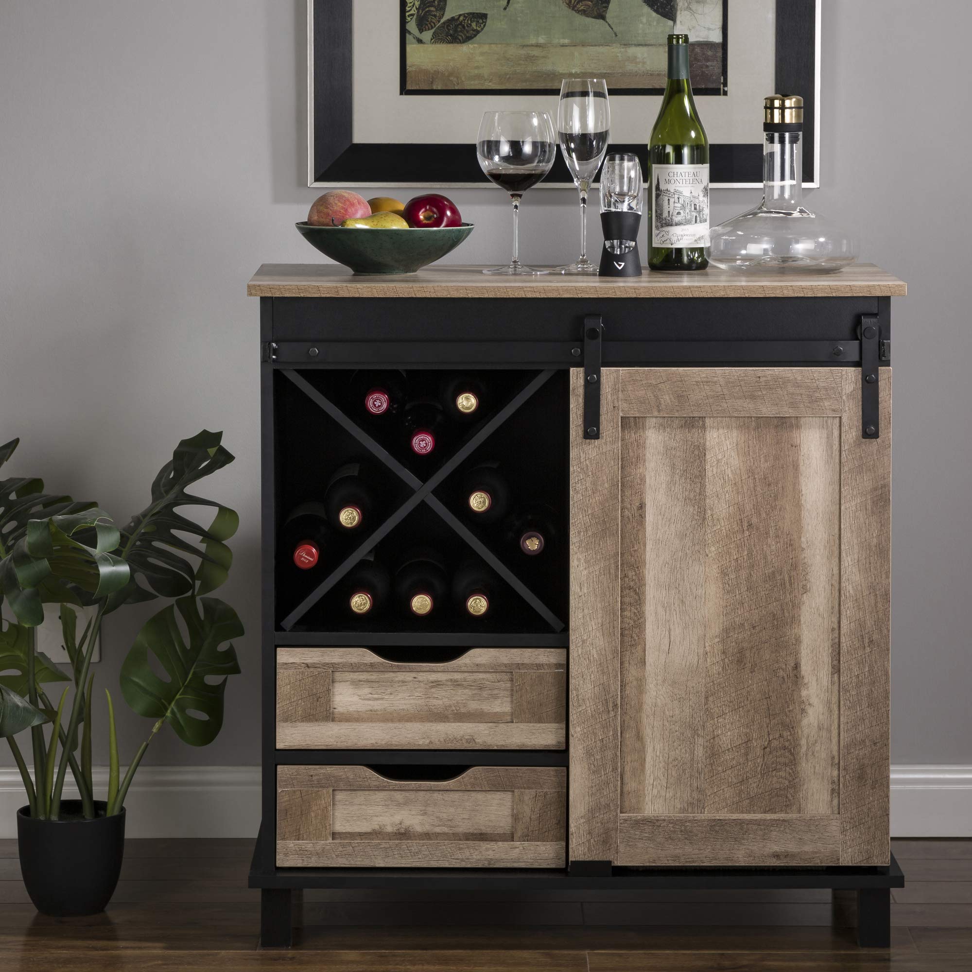Glitzhome Rustic Wood Wine Cabinet - 2-Section Bar Storage with Drawers, 31.5