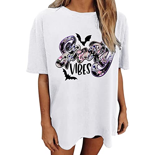 Women's Summer Short Sleeve Skeleton Print T-Shirt - Casual Loose Fit Funny Graphic Tee - White Medium - Perfect for Halloween, Cosplay & Streetwear Fashion