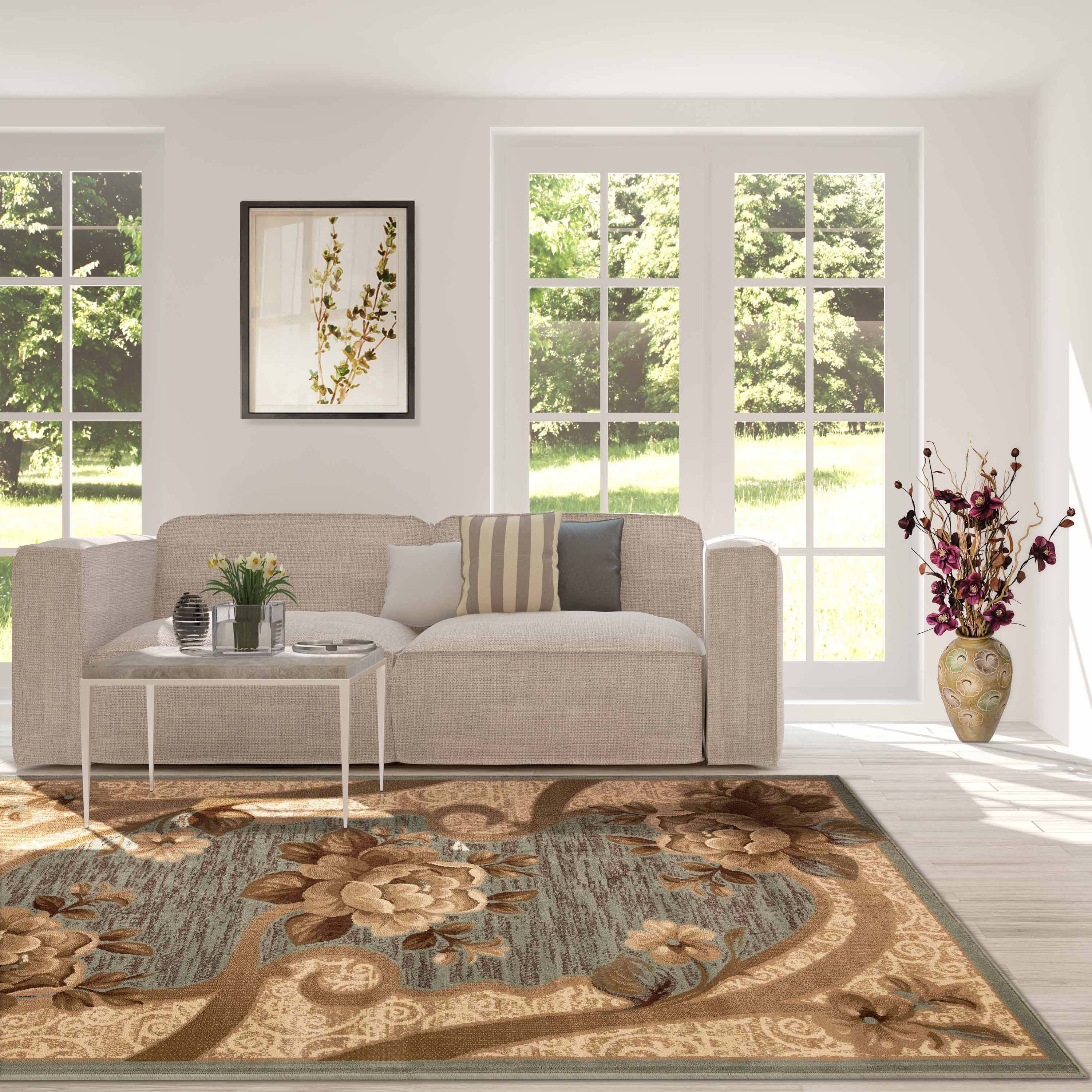 Traditional Oversized Floral Border Indoor Area Rug - Non-Slip Living Room Carpet Runner for Bedroom, Hallway & Entryway Decor