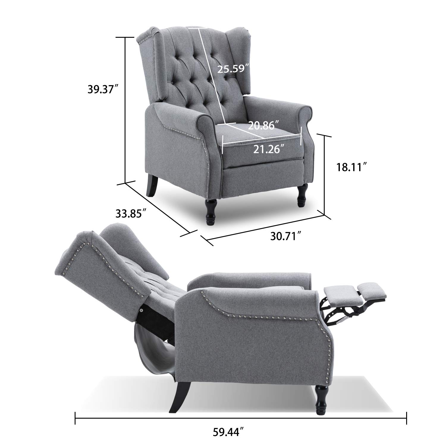 Modern Pushback Recliner Chair - Grey Fabric Wingback Accent Armchair for Living Room & Bedroom - Perfect for Relaxing, Reading, and Watching TV