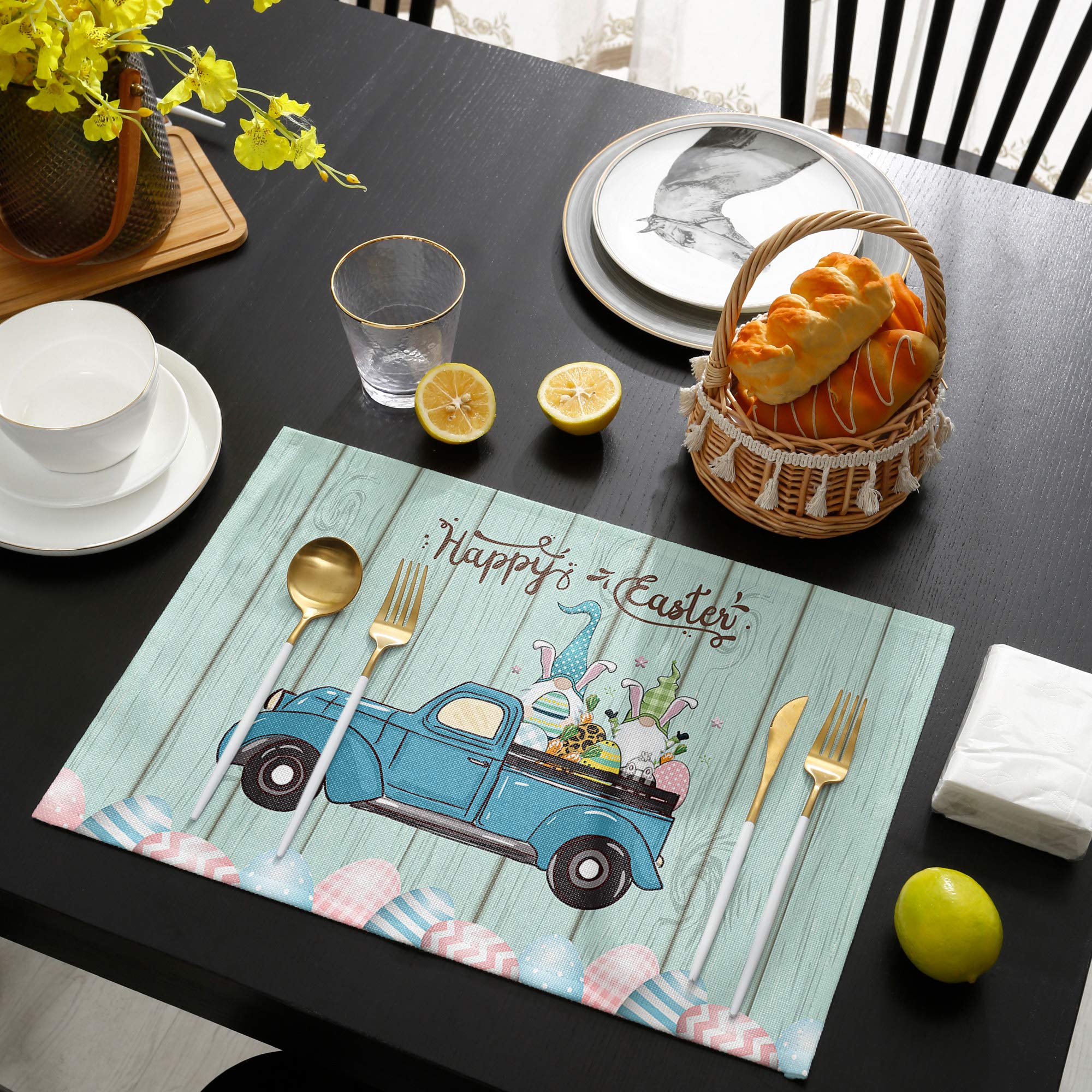 Easter Truck Placemats Set of 6 - Spring Gnome Rabbit Eggs Design, Cyan Wood Grain Insulated Non-Slip Kitchen Table Mats, Washable Dining Placemats for Easter Brunch, Holiday Decor & Family Gatherings