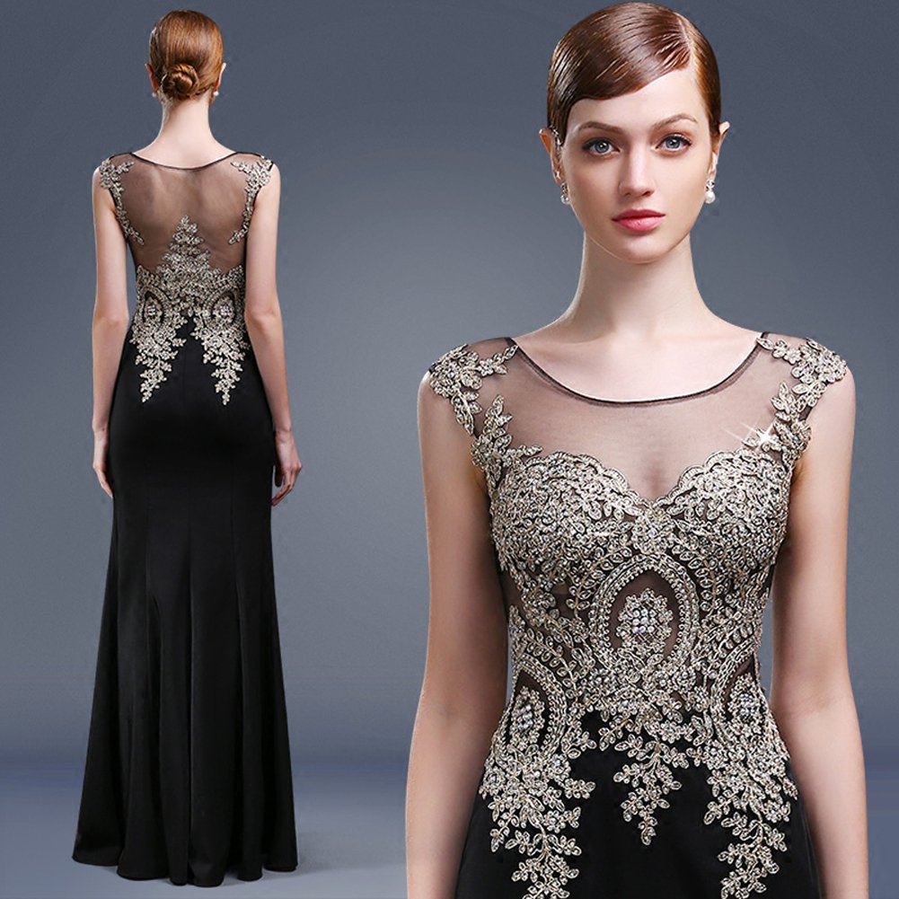 Lemai Black Crystal Gold Lace Sheer Mermaid Prom Dress - Elegant Formal Evening Gown for Women | Perfect for Prom, Homecoming, Wedding & Special Occasions