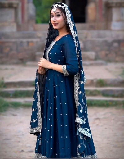Elegant Peacock Blue Chinon Silk Anarkali Suit with Sequence Work - Perfect for Weddings, Parties & Festive Occasions