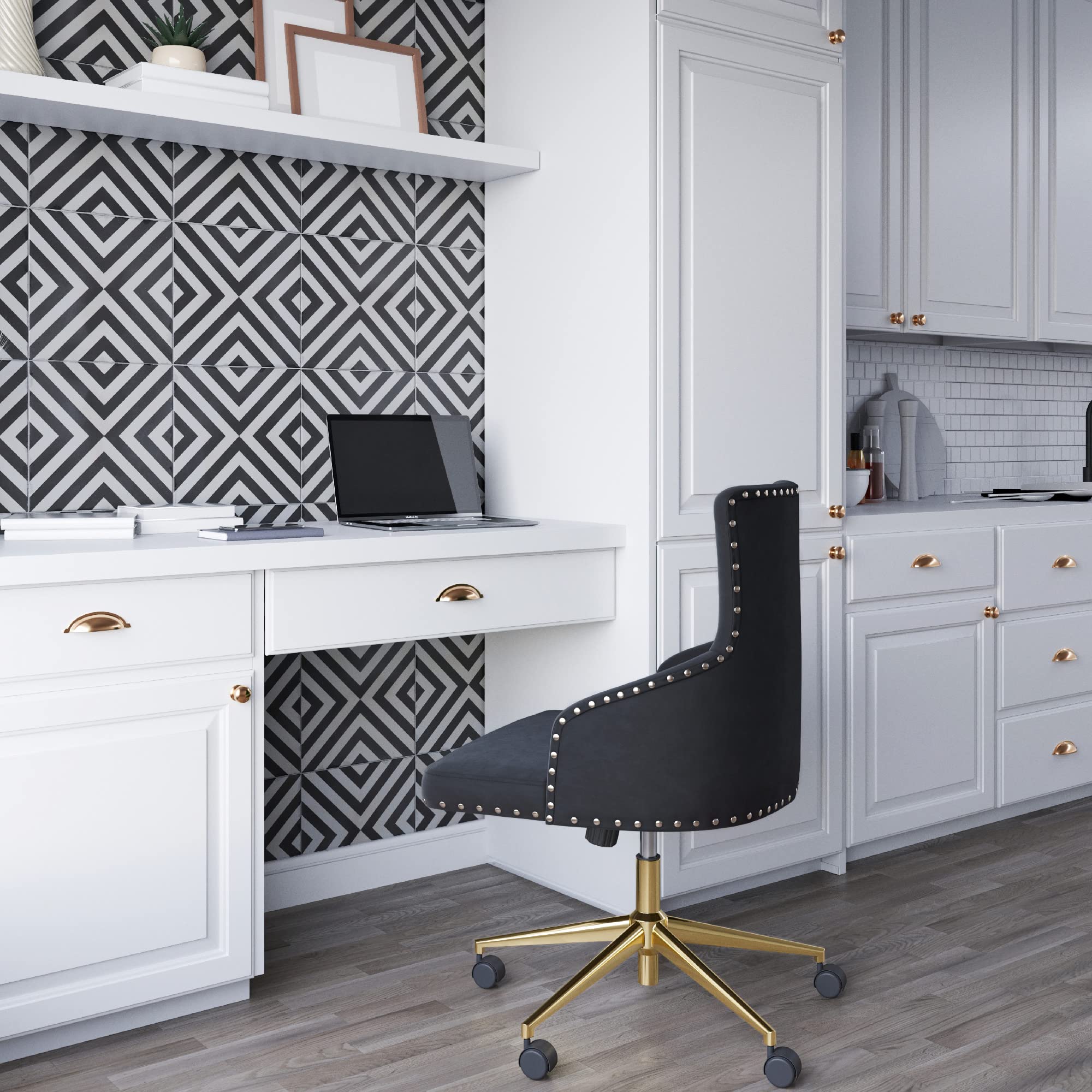 BELLEZE Modern Velvet Desk Chair - Adjustable Height Swivel Office Chair with Tufted Upholstered Seat & Slim Arms - Rolling Wheels for Home Office, Bedroom Vanity or Study Room - Belden (Black) - Perfect for Remote Work, Gaming & Makeup Station