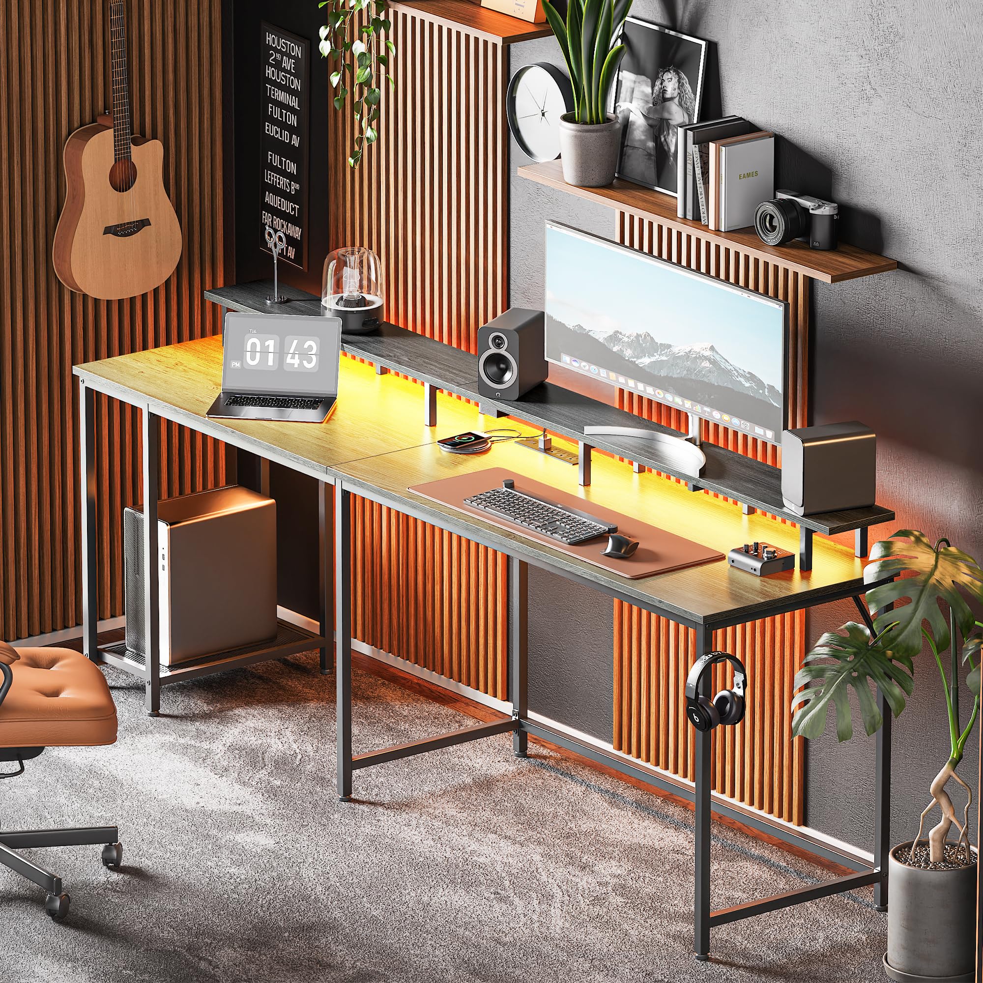 SUPERJARE L-Shaped Gaming Desk with LED Lights & Power Outlets, Computer Desk with Monitor Stand & Headphone Hooks, Home Office Corner Desk (Grey) - Perfect for PC Gaming Setup, Streaming & Remote Workstations