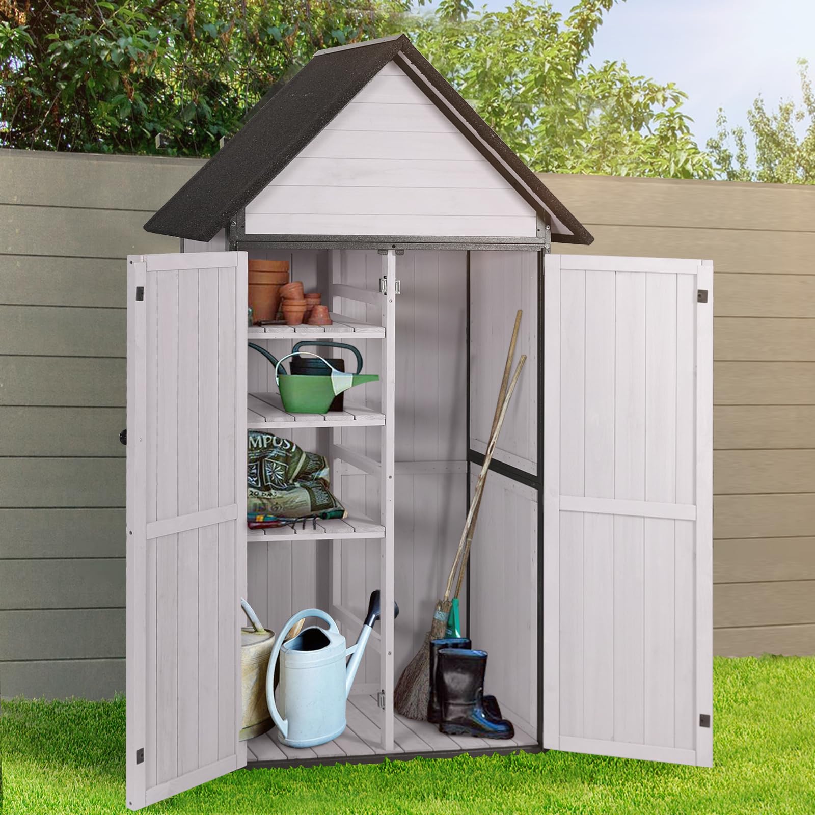 Outdoor Storage Shed with Metal Frame & Adjustable Shelves - Large Capacity Garden Tool Cabinet for Backyard, Patio & Lawn (Off White) | Perfect for Organizing Gardening Tools, Lawn Equipment & Seasonal Decor