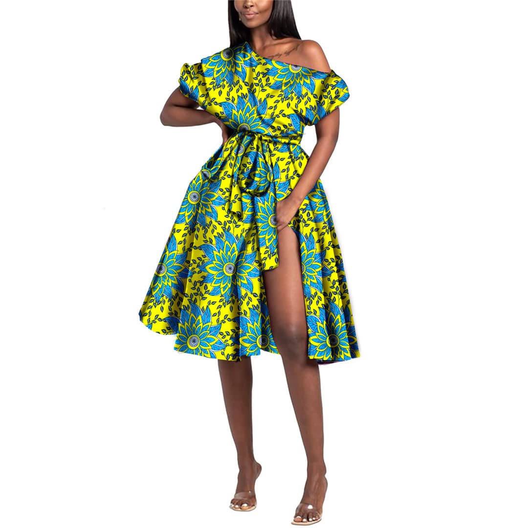 **African Print Off Shoulder Party Dresses for Women - High Waist Plus Size 5XL with Belt - Elegant & Comfortable for Weddings, Festivals & Special Occasions**