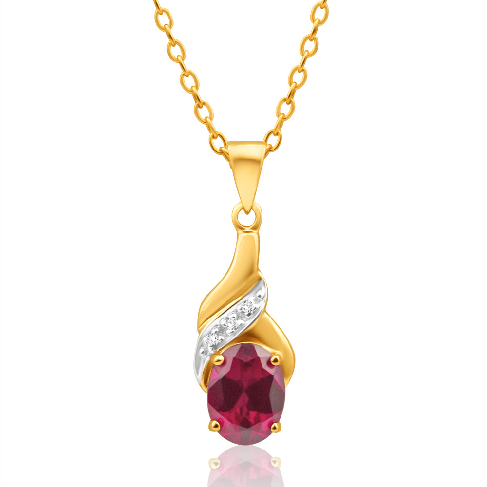 9ct Yellow Gold Created Ruby and Diamond Pendant - 8x6mm Oval Gemstone Jewelry for Women, Elegant Gift for Birthday, Anniversary & Valentine's Day