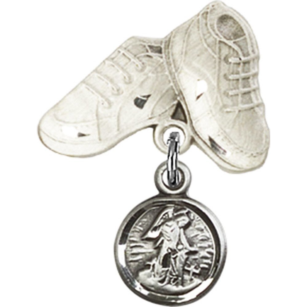 Guardian Angel Sterling Silver Baby Badge with Baby Boots Pin - 7/8 X 5/8 Inch - Perfect for Christening, Baptism & Newborn Gifts