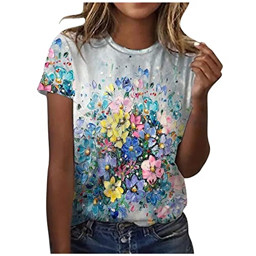 Women's Summer Crew Neck Short Sleeve T-Shirt - Floral Printed Casual Loose Fit Blouse Tee | Perfect for Beach Outings, Weekend Wear & Summer Fashion