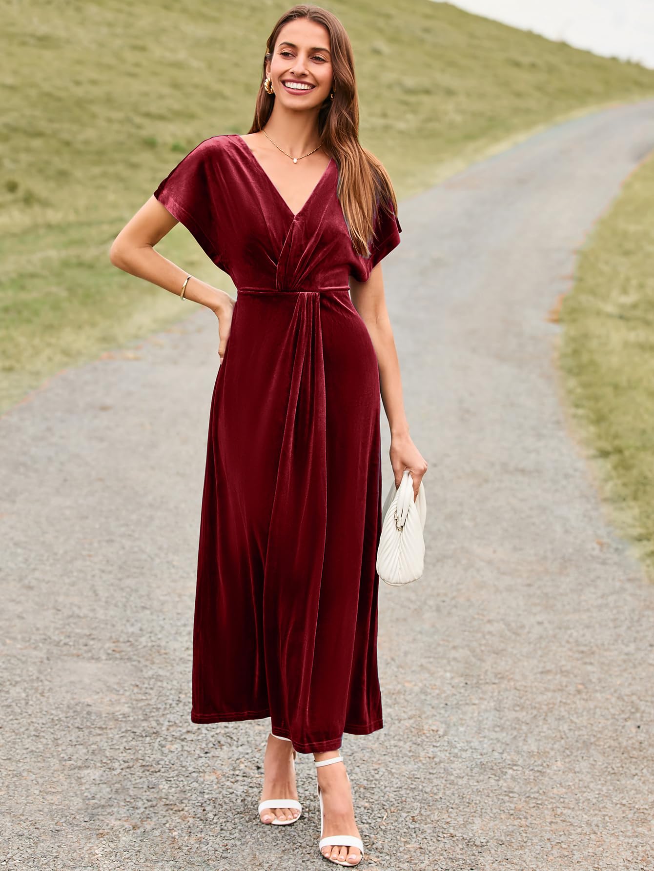 Simplee Women's Velvet Maxi Dress - Short Sleeve V-Neck Formal Bodycon Dress for Wedding Guest, Prom, Fall Events & Special Occasions