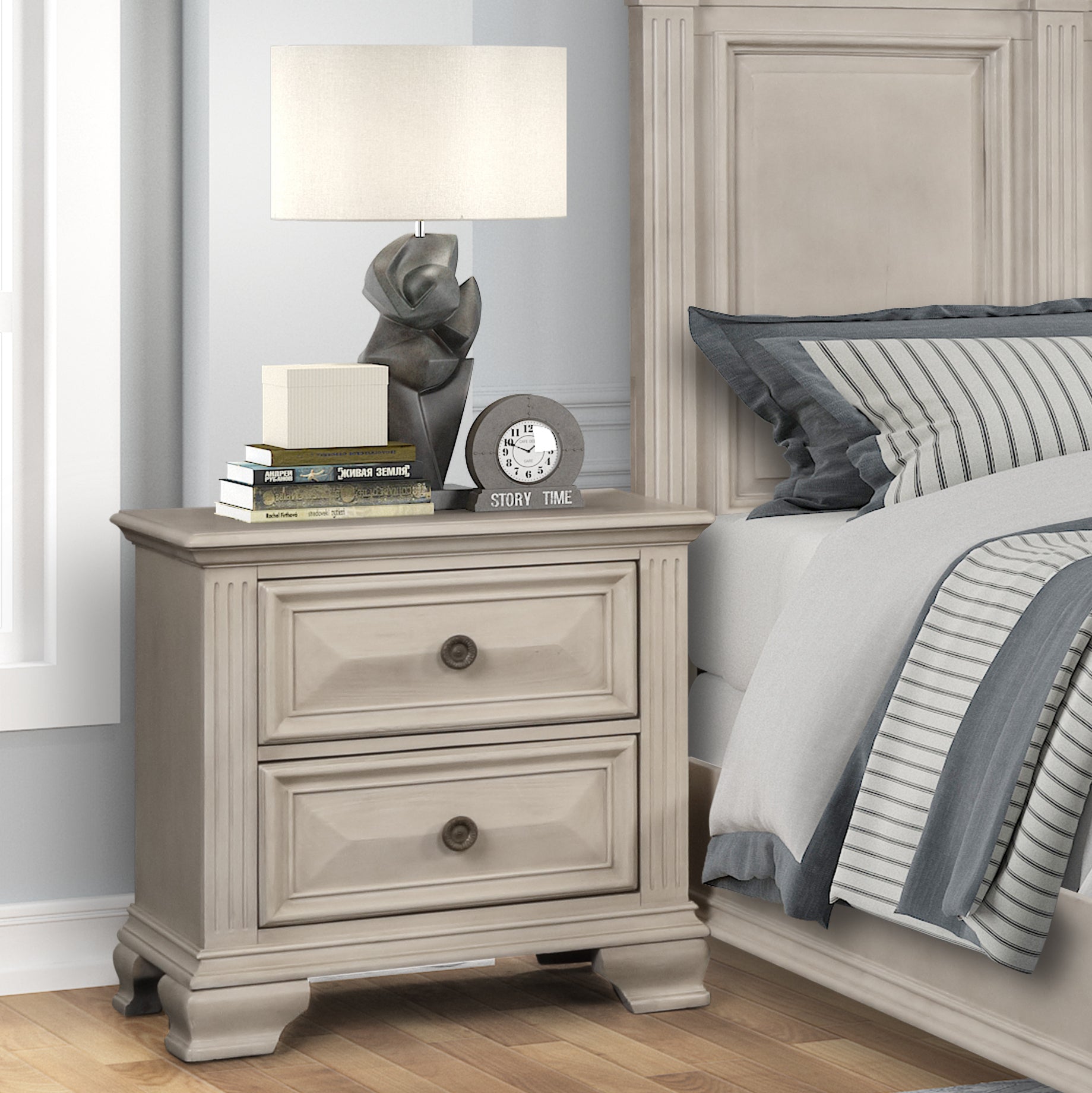 Distressed Parchment Nightstand with 2 Drawers - Vintage Bedside Table for Bedroom, Living Room, or Office Storage - Renova Home Furniture