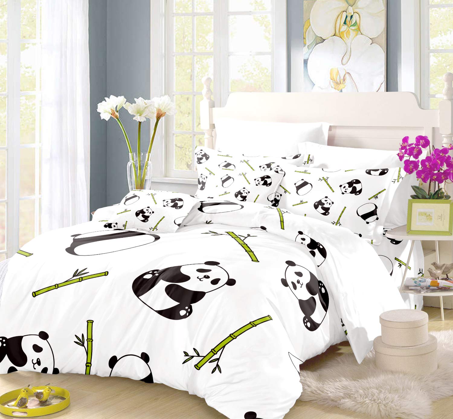 **REALIN Cartoon Panda Duvet Cover Set - 3/4PCS Microfiber Bedding for Boys & Girls, Cute Pink Panda & Colorful Balloons Design - Soft Quilt Cover, Sheets & Pillow Shams - Perfect for Kids' Bedroom, Nursery, or Gift**