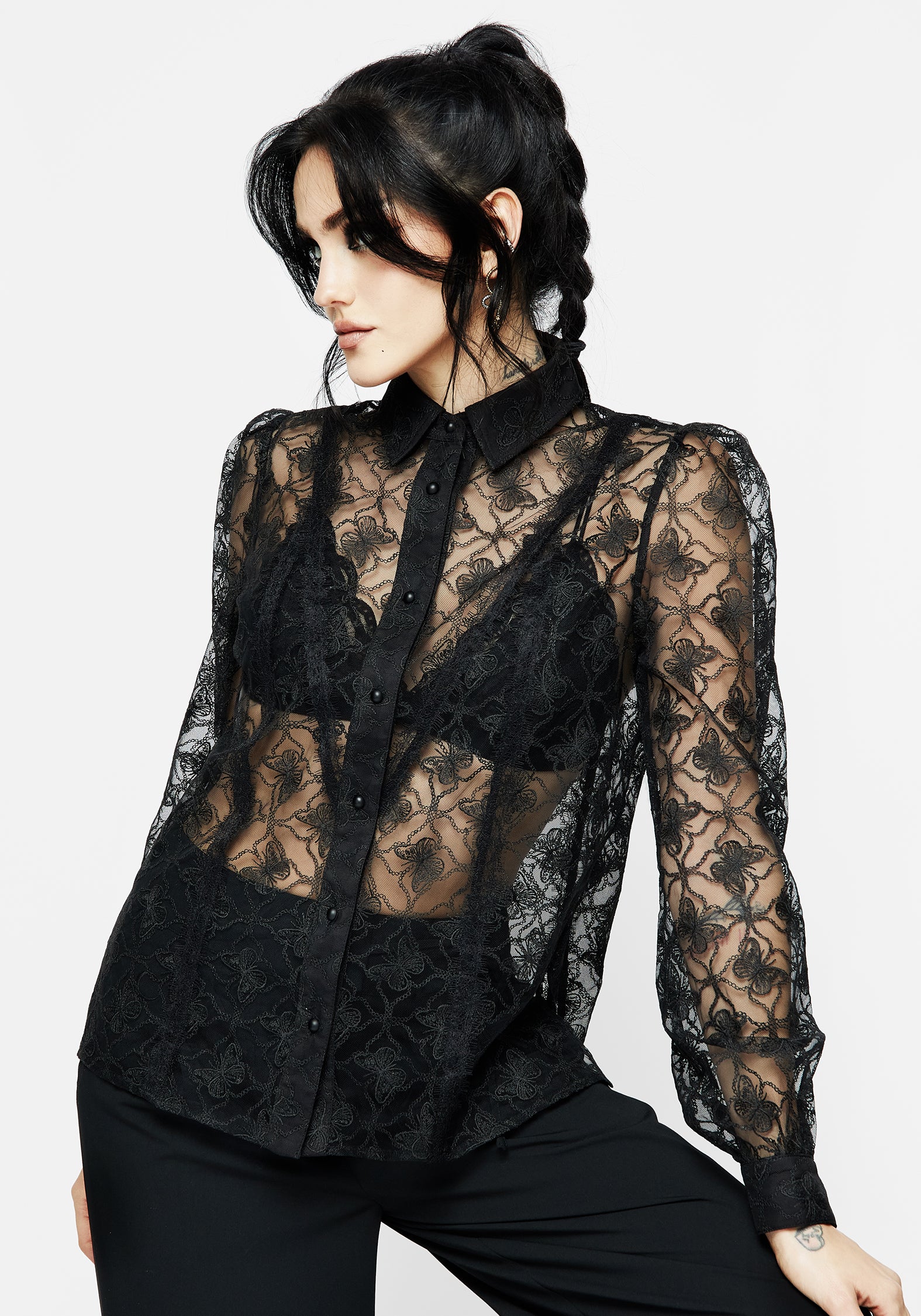 Elegant Chrysalis Butterfly Lace Blouse for Women - Floral Embroidered Long Sleeve Tops - Perfect for Office, Date Night & Special Occasions