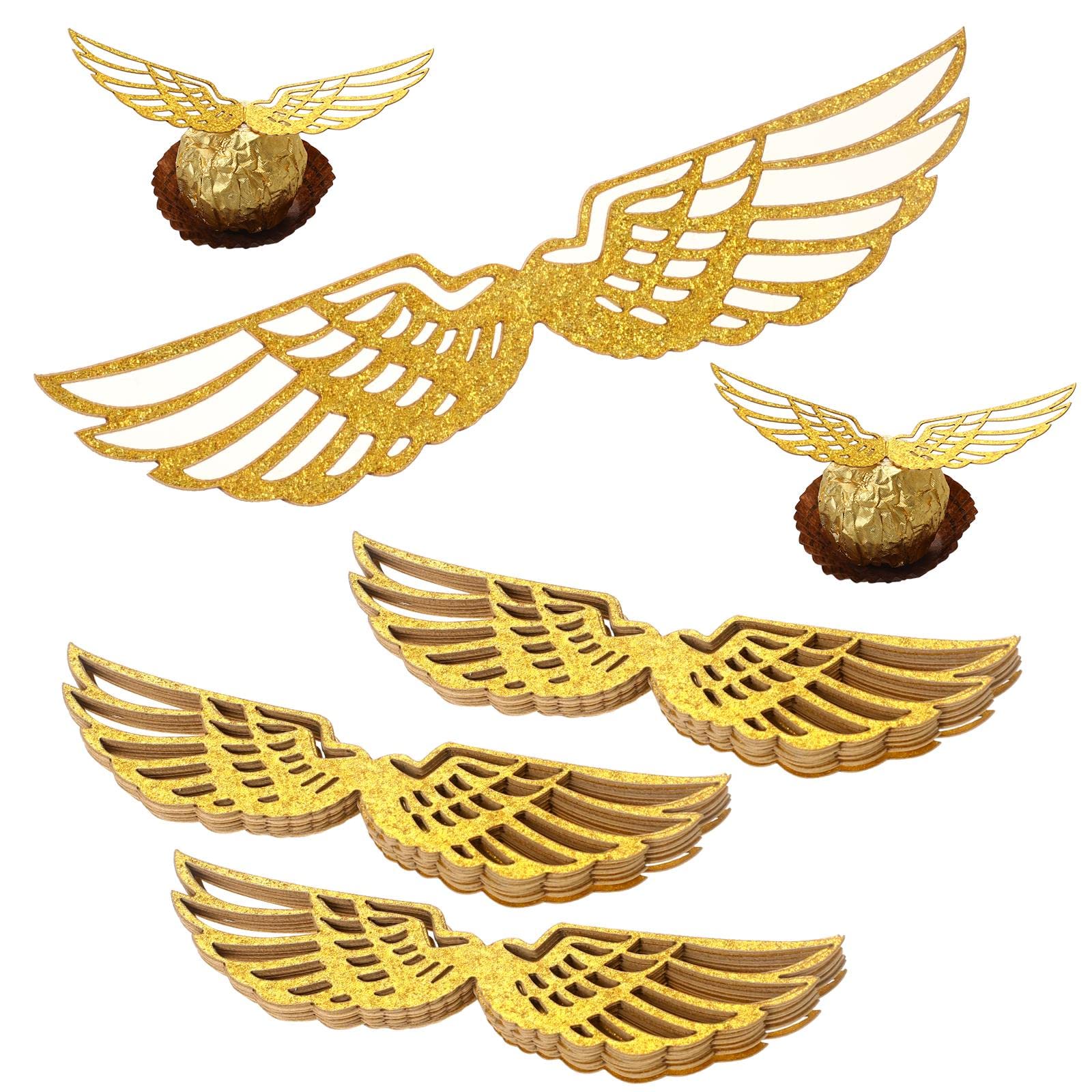 50 Pcs Golden Snitch Wings with Glue Circles - Glitter Wizard Party Chocolate Decorations for Birthday & Harry Potter Theme Parties - Perfect for Cake Toppers, Cupcake Decor, and DIY Magic Party Supplies