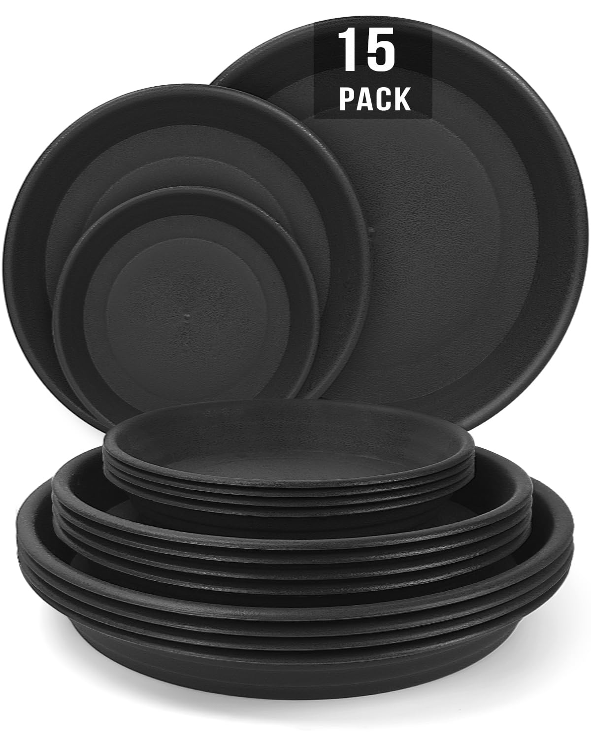 Lzerking Plant Saucer 15-Pack - 8, 10 & 12 Inch Ash Black Plastic Plant Trays for Indoor Pots | Water Catcher for Potted Plants | Perfect for Home Decor, Gardening & Plant Drainage