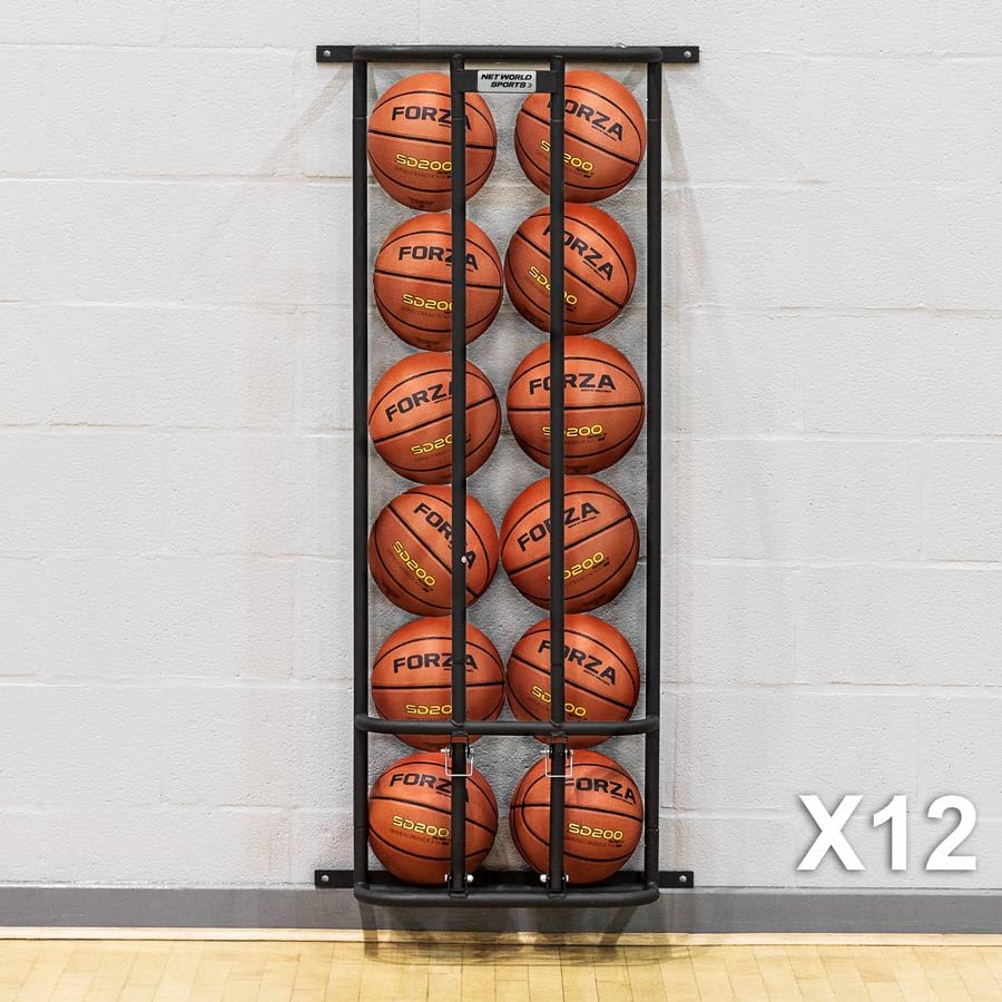 FORZA Wall Mounted Sports Ball Holder - 12 Ball Capacity Vertical Storage for Basketball, Soccer, Volleyball & More - Perfect for Garage, Playroom & Sports Equipment Organization