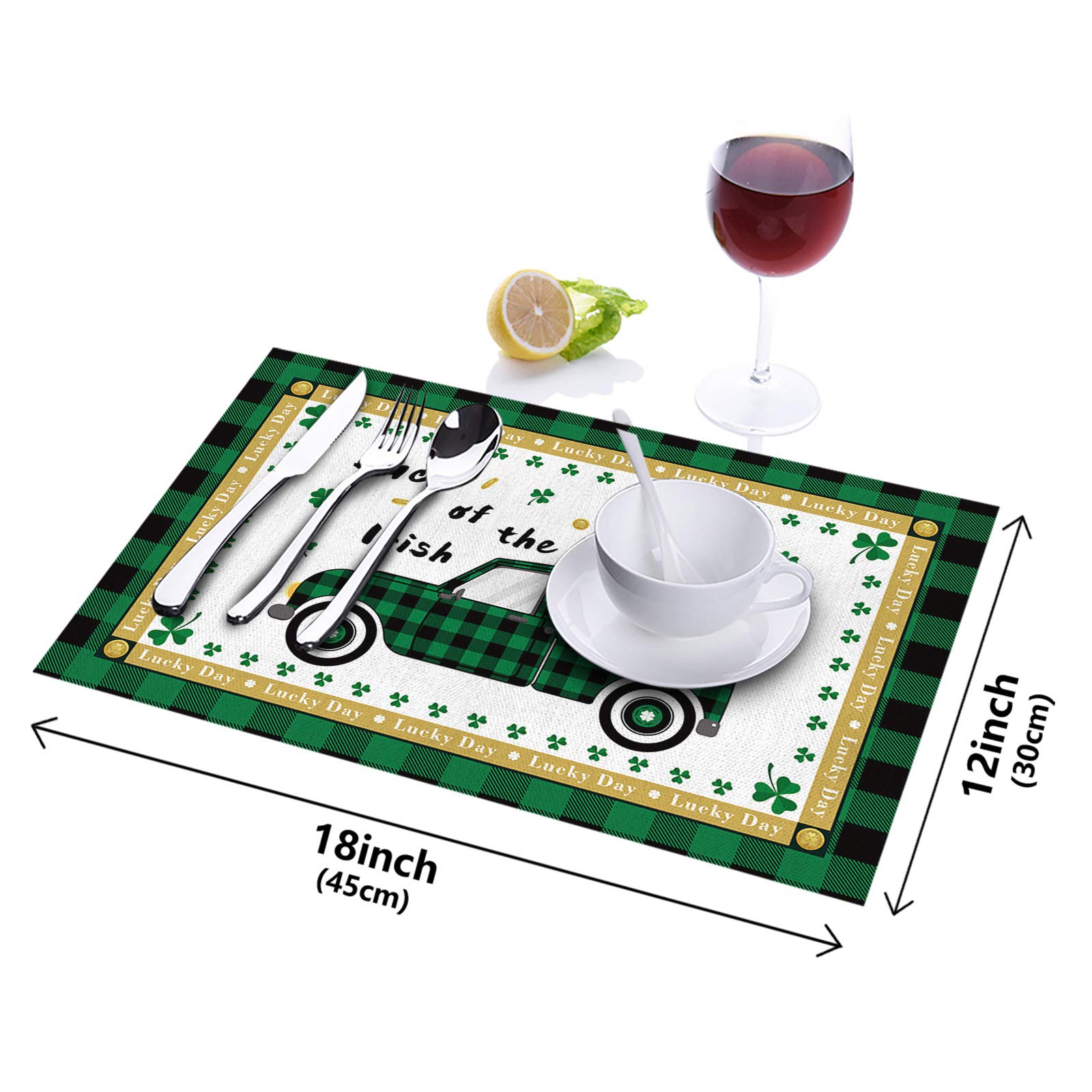 Stylish Green Plaid Truck with Lucky Clovers St. Patrick's Day Placemats - Set of 4, Thermal Insulated & Non-Slip Washable Dining Table Mats for Kitchen Decor, Perfect for Holiday Parties & Everyday Use