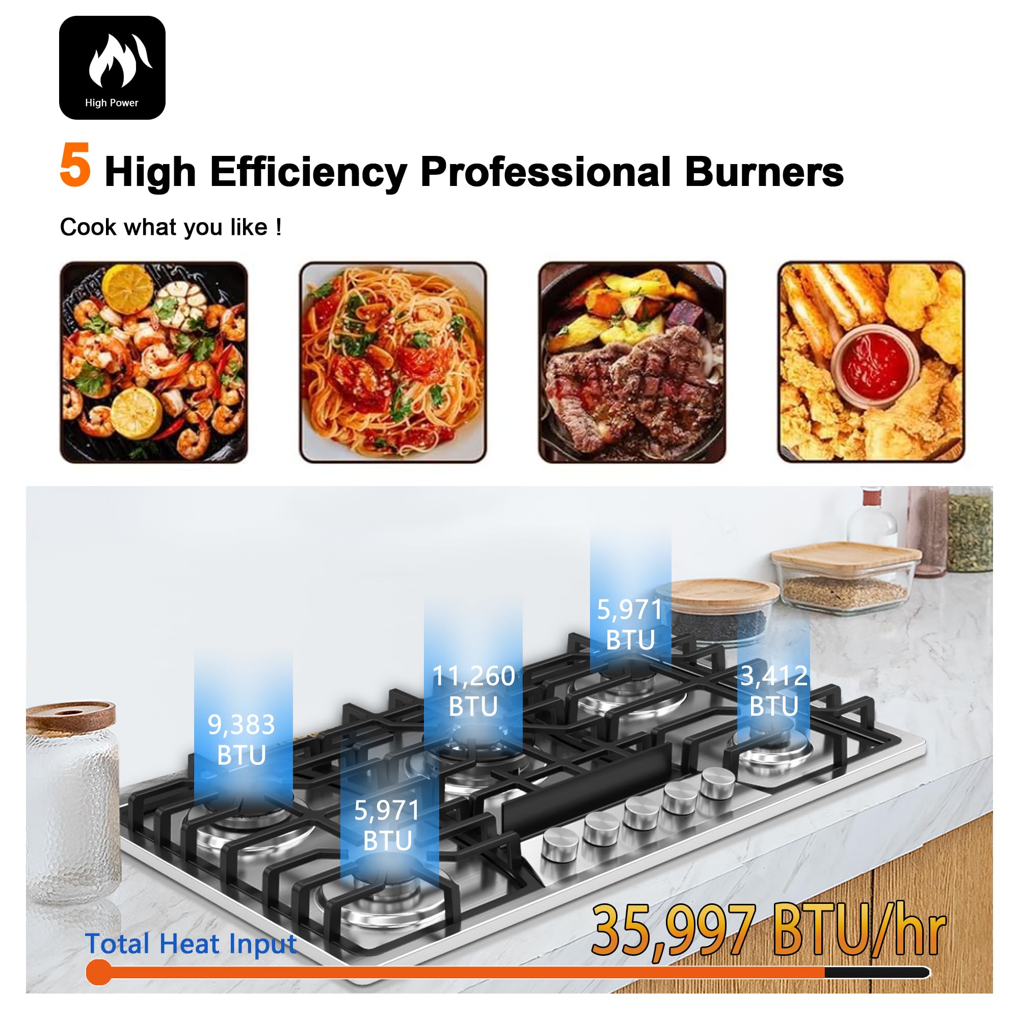 36 Inch 5-Burner Built-In Gas Cooktop with Thermocouple Protection - Stainless Steel Propane Stove Top for Professional Kitchens & Home Cooking