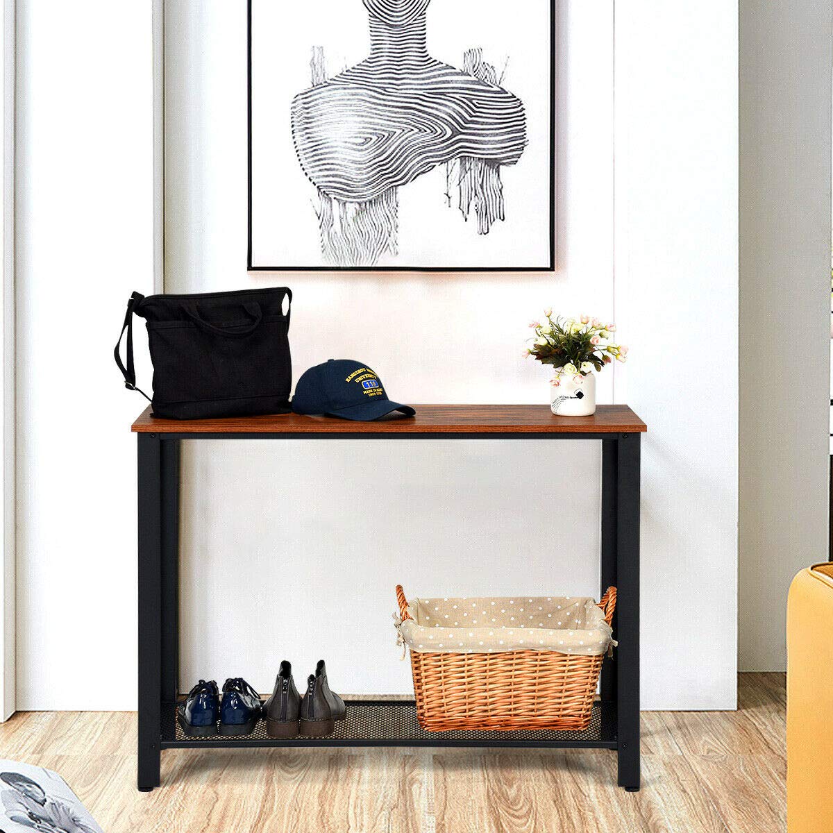 Vintage Style Console Table with Storage Shelf - Sturdy Metal Frame & Wood Top - Durable, Scratch-Resistant, Easy to Clean - Perfect for Entryway, Living Room, Bedroom - Black