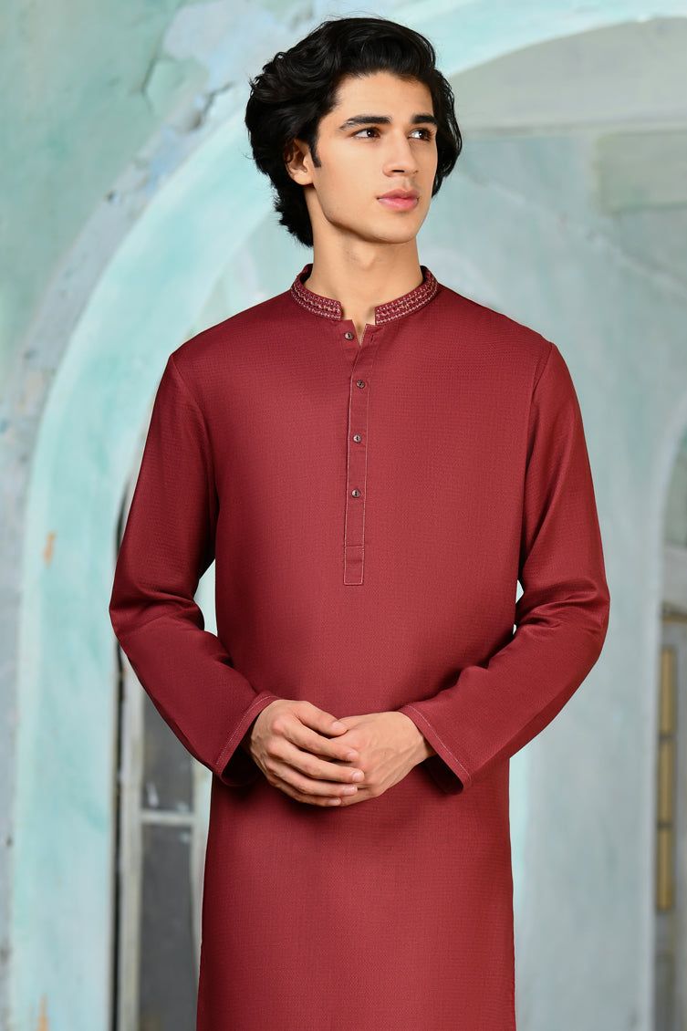 Stylish Blended Red Kurta by J. Junaid Jamshed - Perfect for Festivals, Weddings & Casual Wear