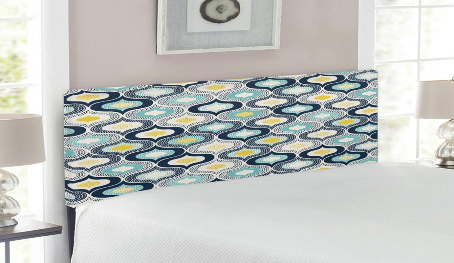 Ambesonne Modern Geometric Moroccan Mediterranean Style Headboard - Upholstered Decorative Metal Bed Frame with Memory Foam - Queen Size Blue and White Dot Pattern - Perfect for Bedroom Decor and Guest Room Styling