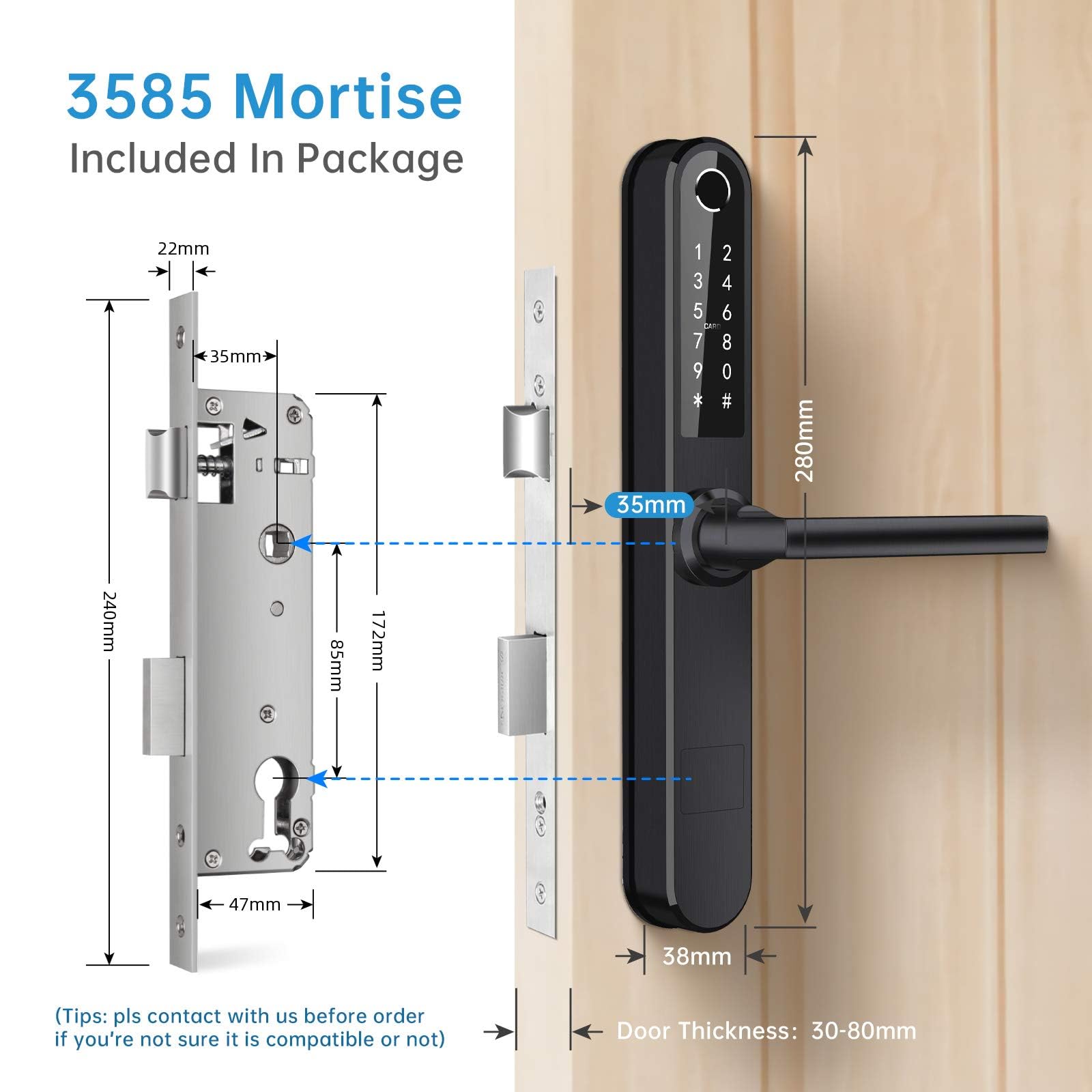 Smart Lock for Front Door - Keyless Entry WiFi Bluetooth Fingerprint Digital Keypad - Stainless Steel Waterproof Mortise Lock with Handle (Black) - Perfect for Home Security & Smart Access Control