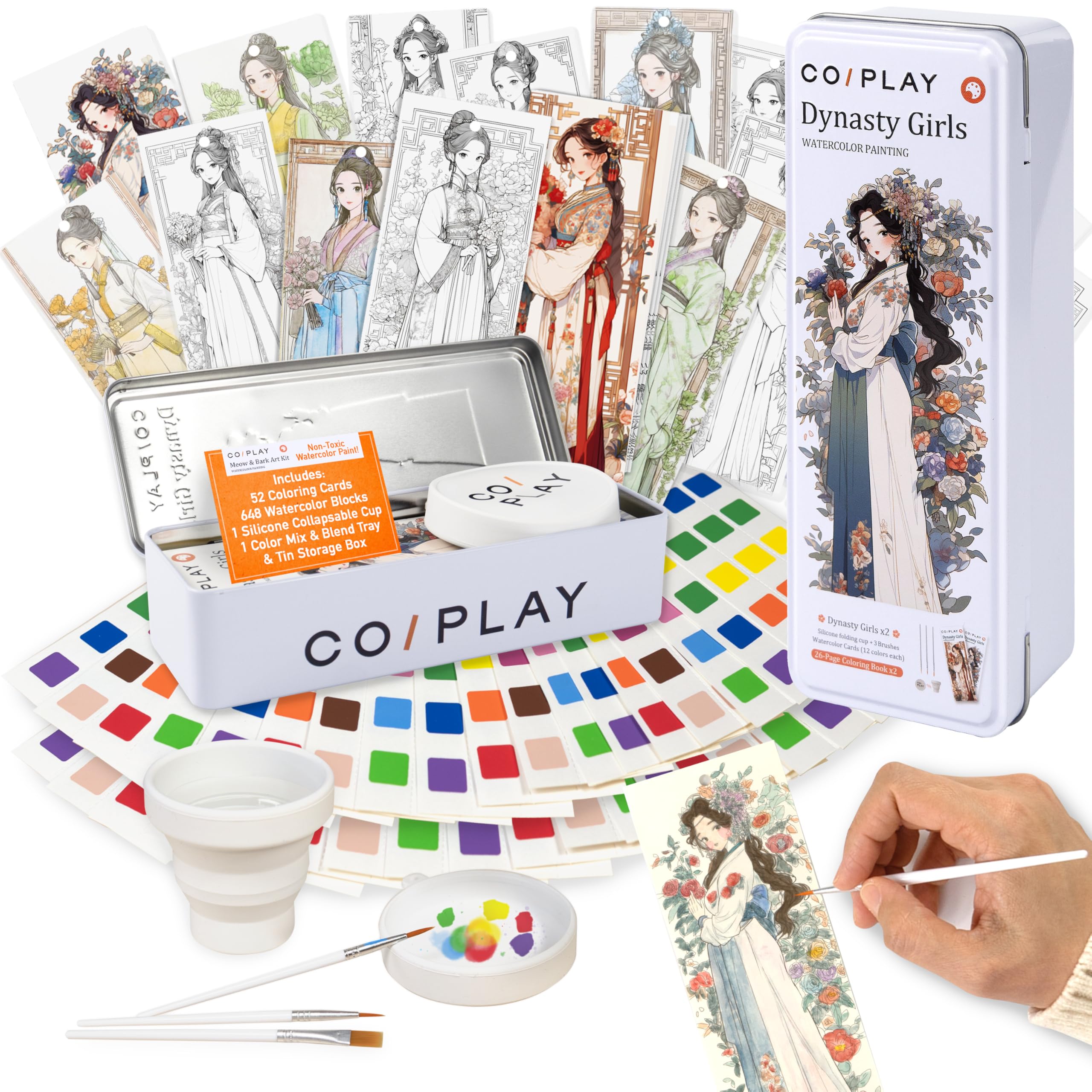 COIPLAY 648 Color Blocks Watercolor Paint Set with 52 Bookmarks, 3 Brushes & Silicone Cup - Dynasty Girls Coloring Books for All Ages | Travel-Friendly, Mess-Free Art Supplies for Adults & Kids | Perfect for DIY Projects, Home Decor & Creative Gifts