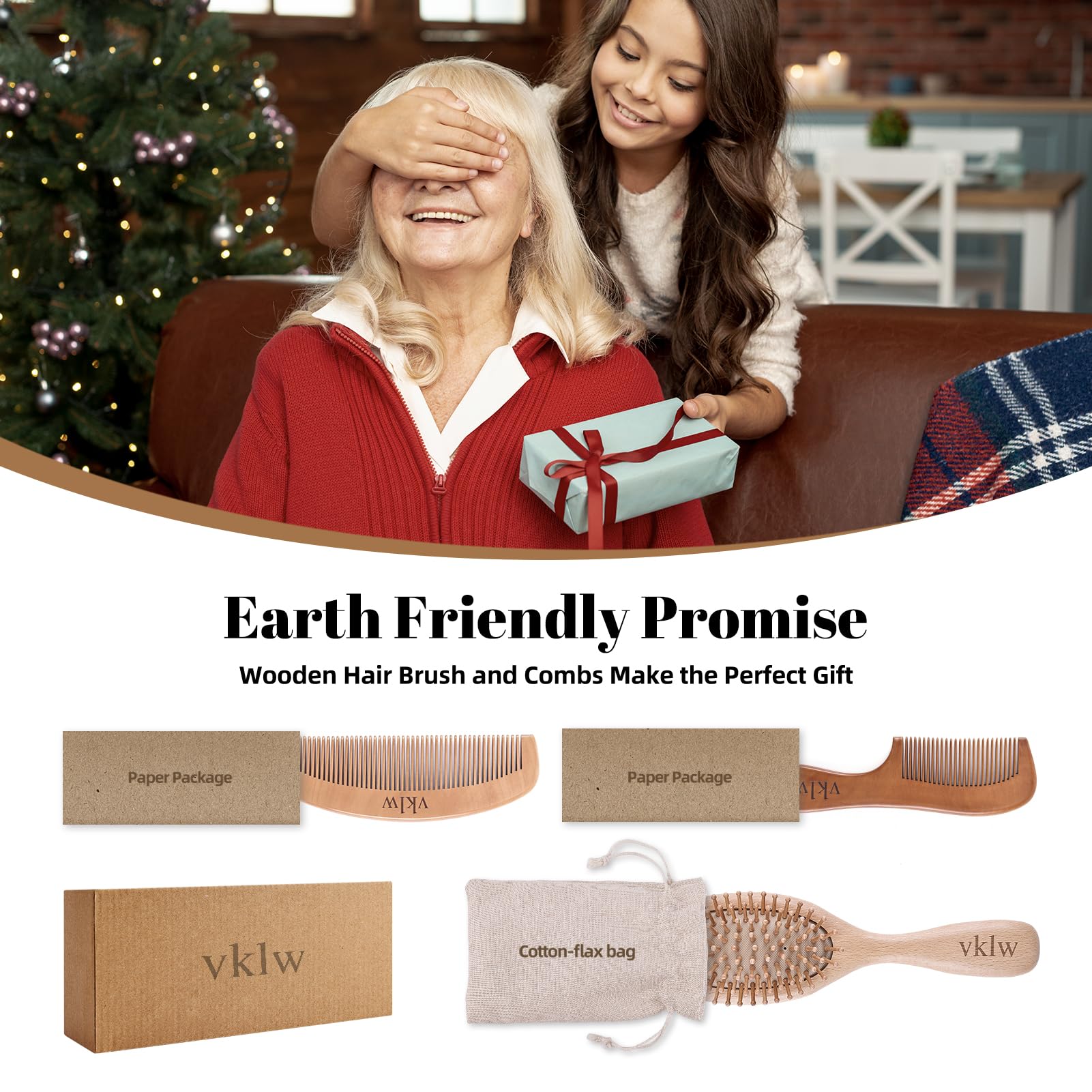 Wooden Hair Brush & Comb Set - Reduce Frizz, Static & Scalp Massage for Women & Kids - Home & Travel Use