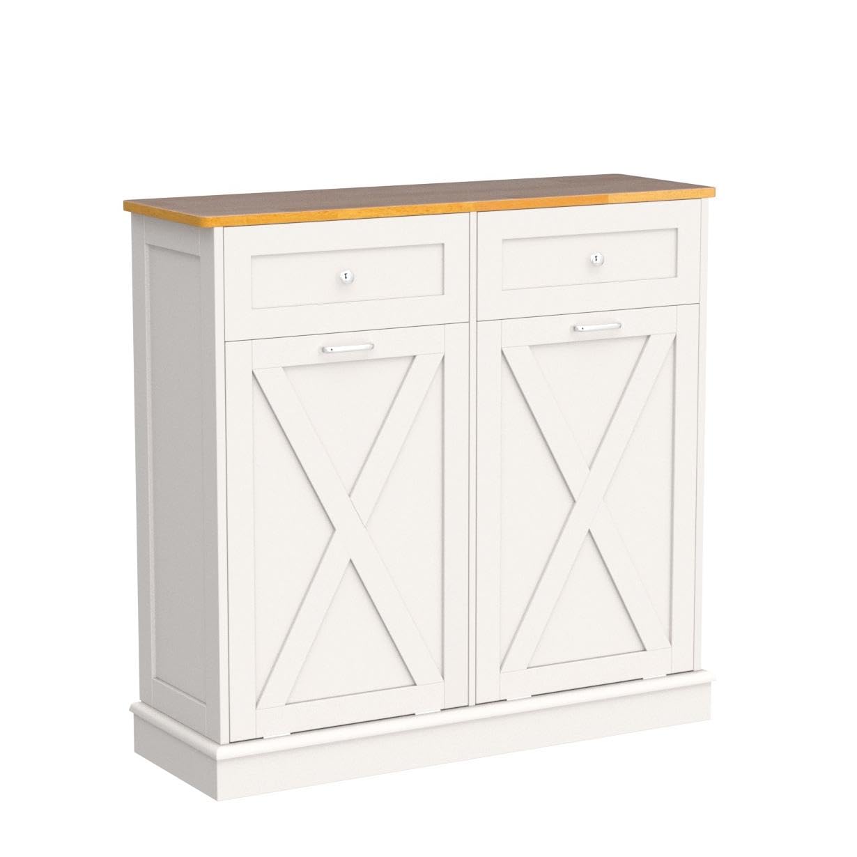 Farmhouse Style Kitchen Trash Cabinet - Solid Wood Double Tilt Out Trash Can with Barn Door | Pet Proof & Odor Blocking Laundry Storage | Perfect for Modern Farmhouse, Rustic Kitchens & Mudroom Organization