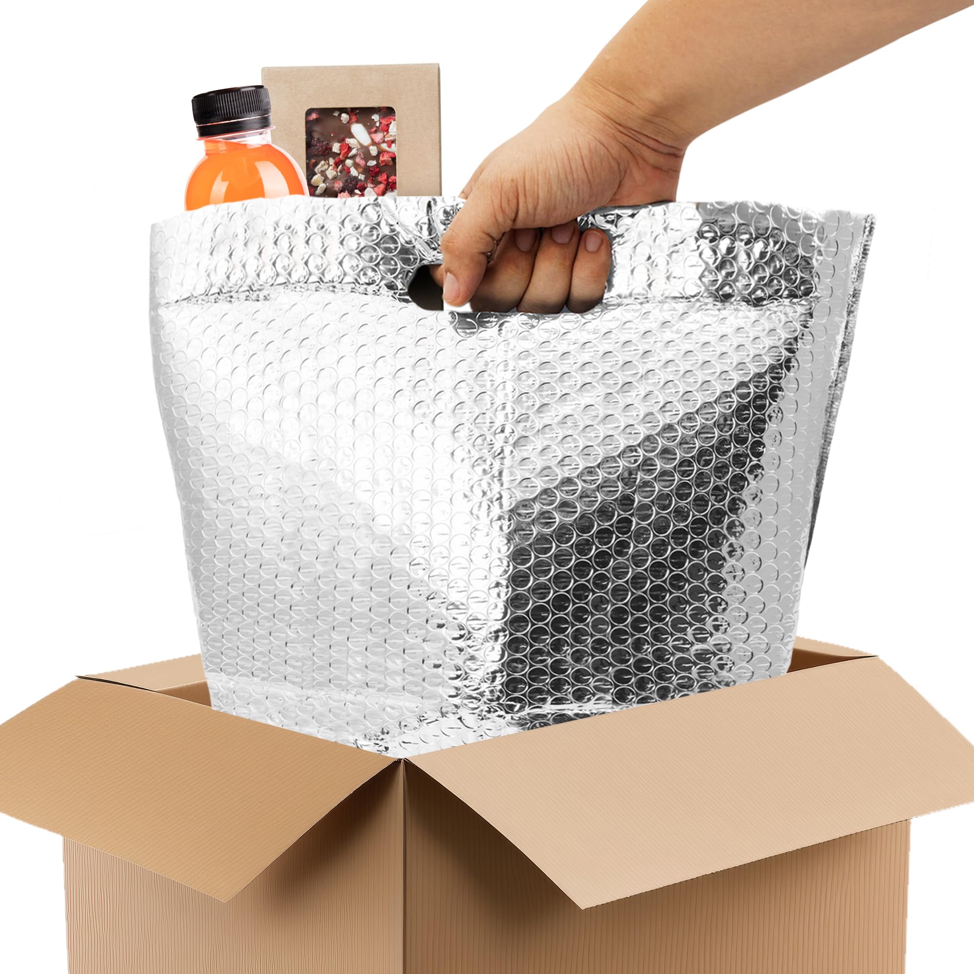 APQ 8x8x8 Inches Insulated Foil Bags with Handles - 50 Pack Thermal Shipping Bags for Frozen Food, Cosmetics & Perishables | Bubble Cushion Lined, Metallized Foil Insulation | Perfect for Meal Prep, Grocery Delivery & Cold Chain Logistics