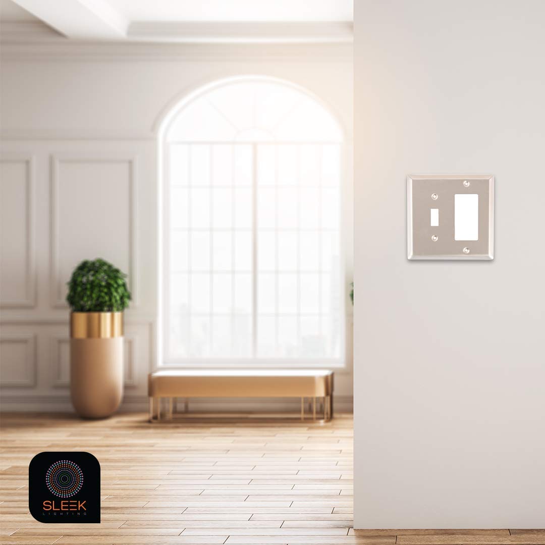 SLEEKLIGHTING Brushed Nickel Outlet Covers and Switch Plates - Decorative Wall Plate Light Switch Cover (2-Pack) - Variety of Styles: Decorator/Duplex/Toggle/2-Gang Combo - Perfect for Home, Office & Commercial Renovation