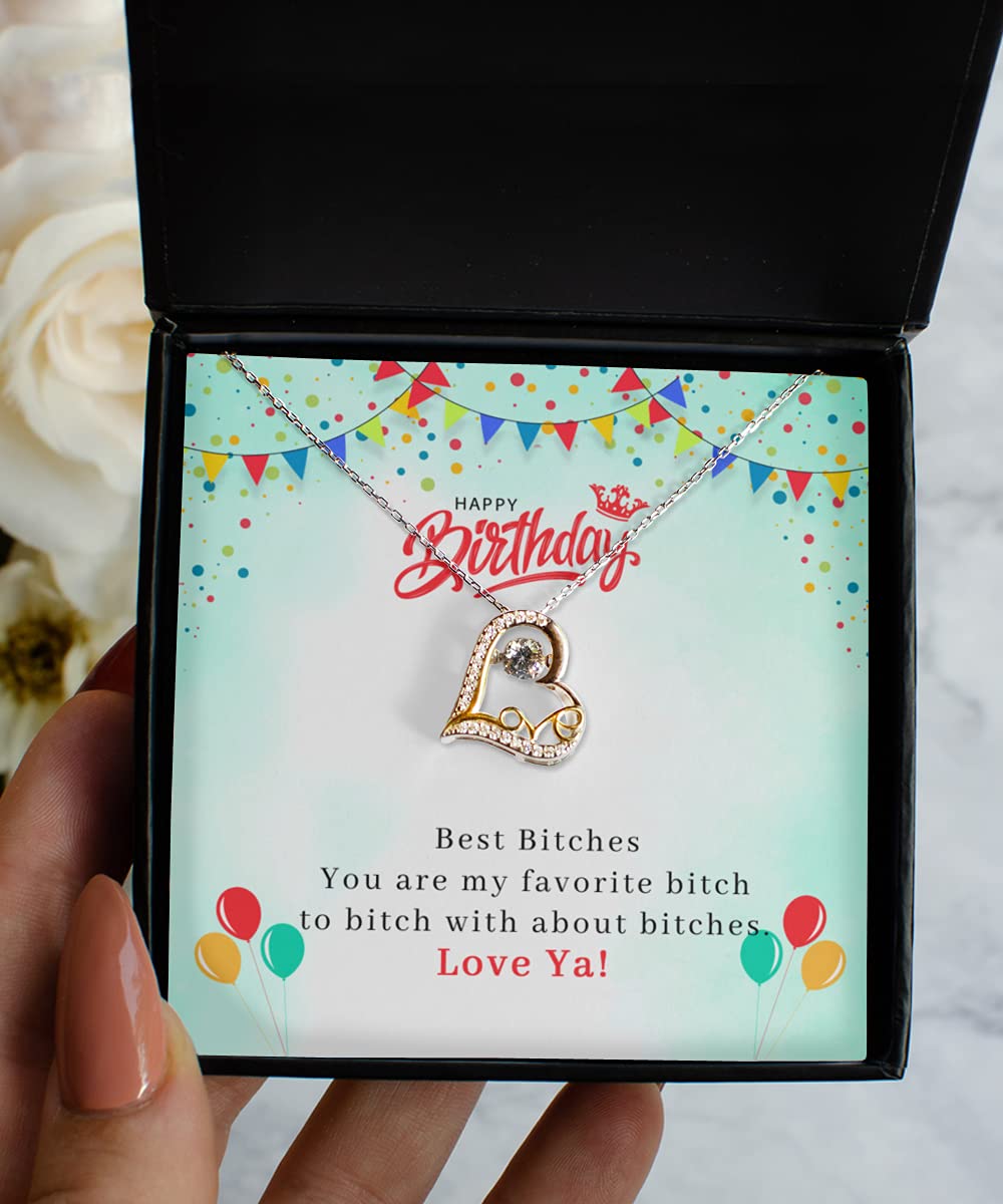 Best Bitches Happy Birthday Dancing Stone Heart Cross Wishbone Necklace - Unique Jewelry Gift with Message Card for Women, Best Friends, BFFs - Perfect for Birthdays, Anniversaries & Special Occasions
