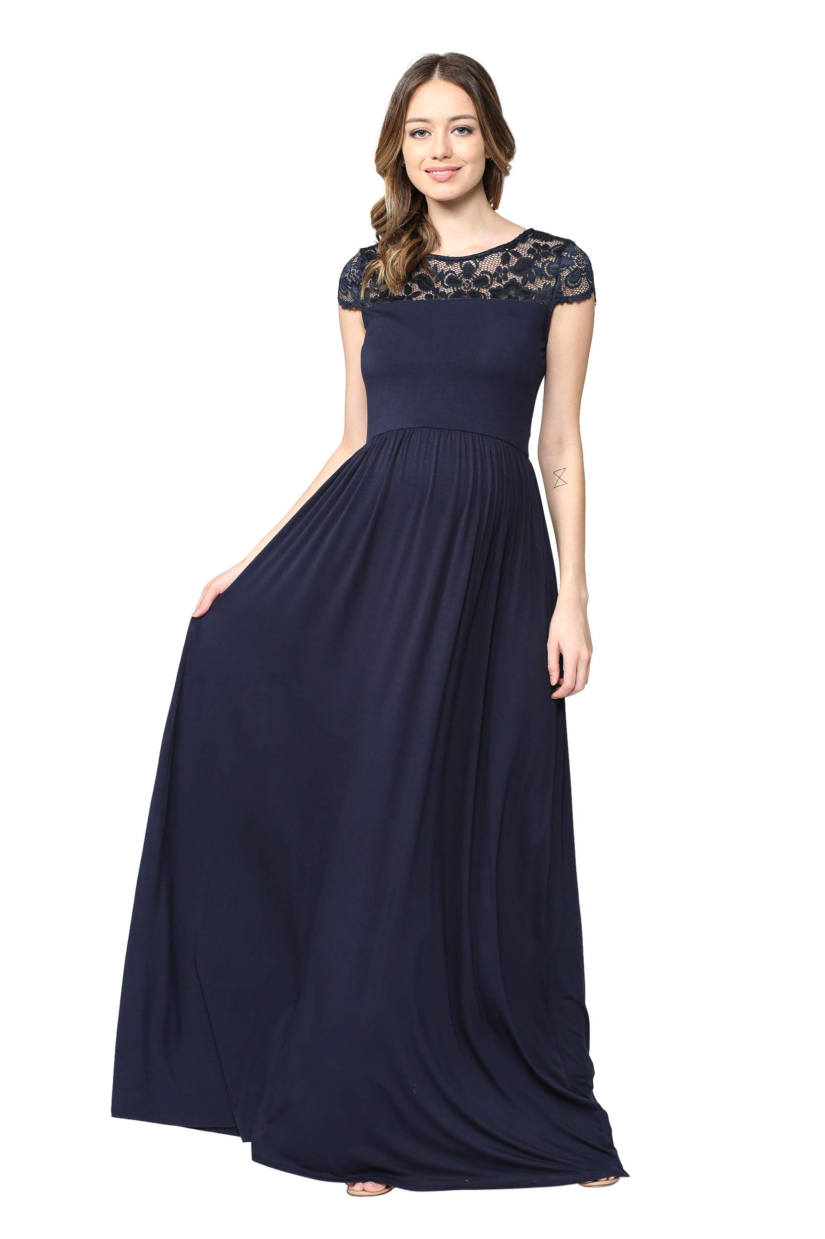 HELLO MIZ Women's Flowy Maxi Maternity Dress with Elegant Lace Yoke - Perfect for Pregnancy, Nursing & Special Occasions