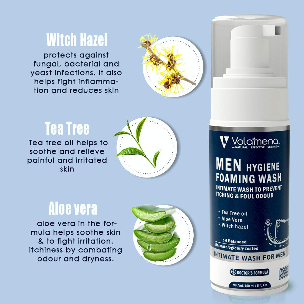 Volamena Men's Gentle Foaming Intimate Wash - 150ml / 5 Fl Oz - pH Balanced Hygiene Cleanser for Sensitive Skin - Ideal for Daily Shower & Post-Workout Use