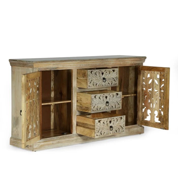 Hand Carved Wooden Sideboard - Indian Design Buffet Table for Dining Room & Living Room Storage | Solid Wood Cabinet for Home Decor & Entertaining