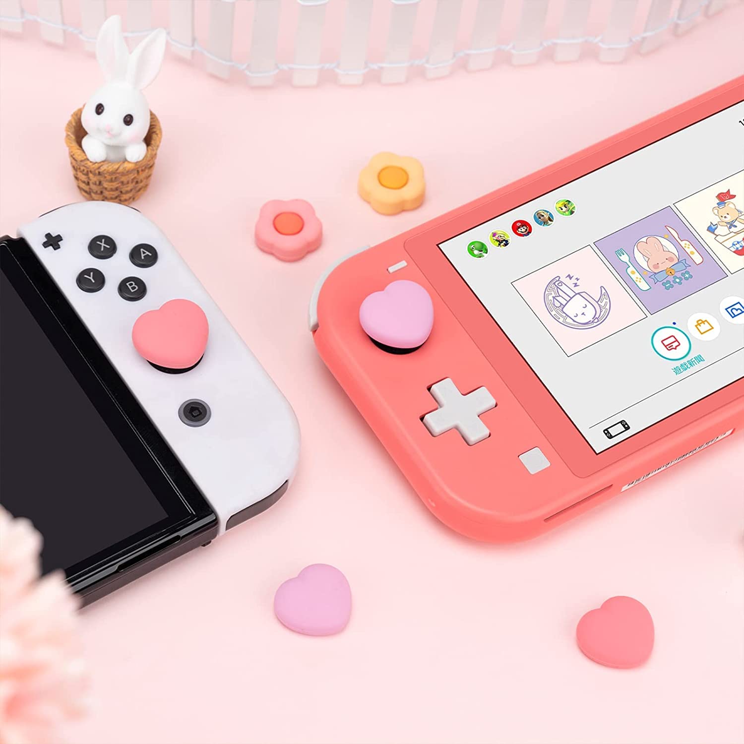 GeekShare Mignon Silicone Joycon Thumb Grip Caps - 4PCS Cute Heart & Flower Joystick Cover for Nintendo Switch/OLED/Switch Lite - Soft Anti-Slip Controller Accessories for Gaming Comfort and Protection