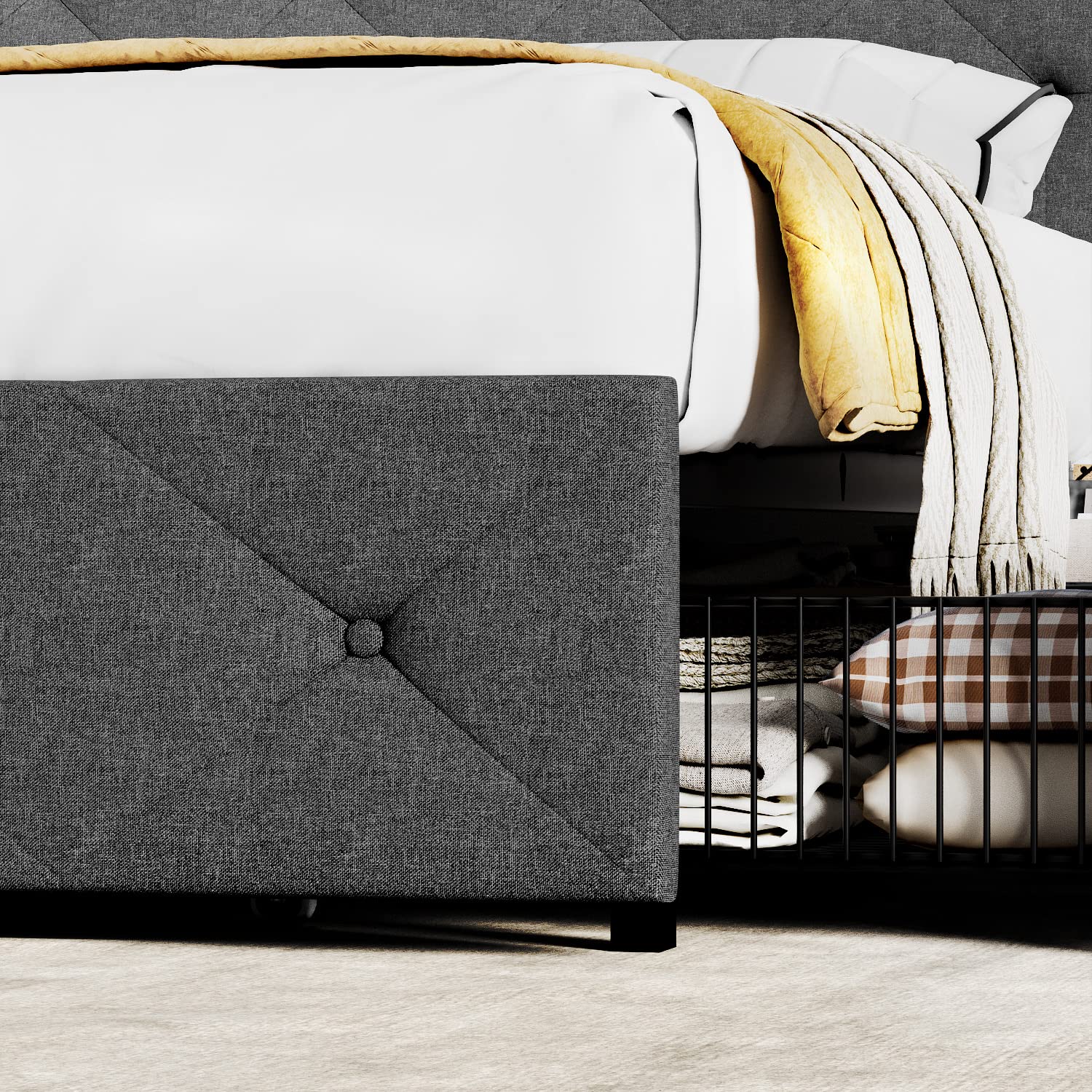 IMUsee Queen Bed Frame with Storage Drawers - Upholstered Platform Bed with Adjustable Diamond Tufted Headboard, Wood Slat Support, No Box Spring Needed, Dark Grey - Perfect for Small Bedrooms, Guest Rooms & Modern Apartments