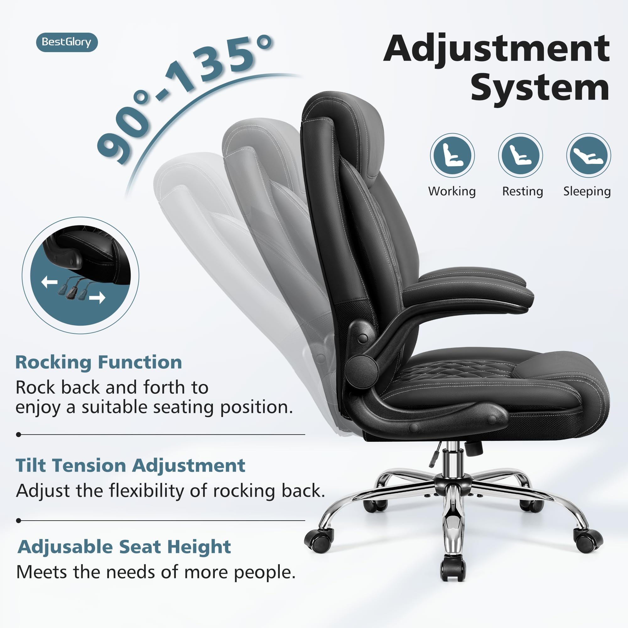 Ergonomic High Back Office Chair with Lumbar Support - Big & Tall Breathable Leather Desk Chair for Home & Office - Adjustable Flip-Up Armrests & Rocking Function - Perfect for Long Work Hours, Gaming & Computer Use